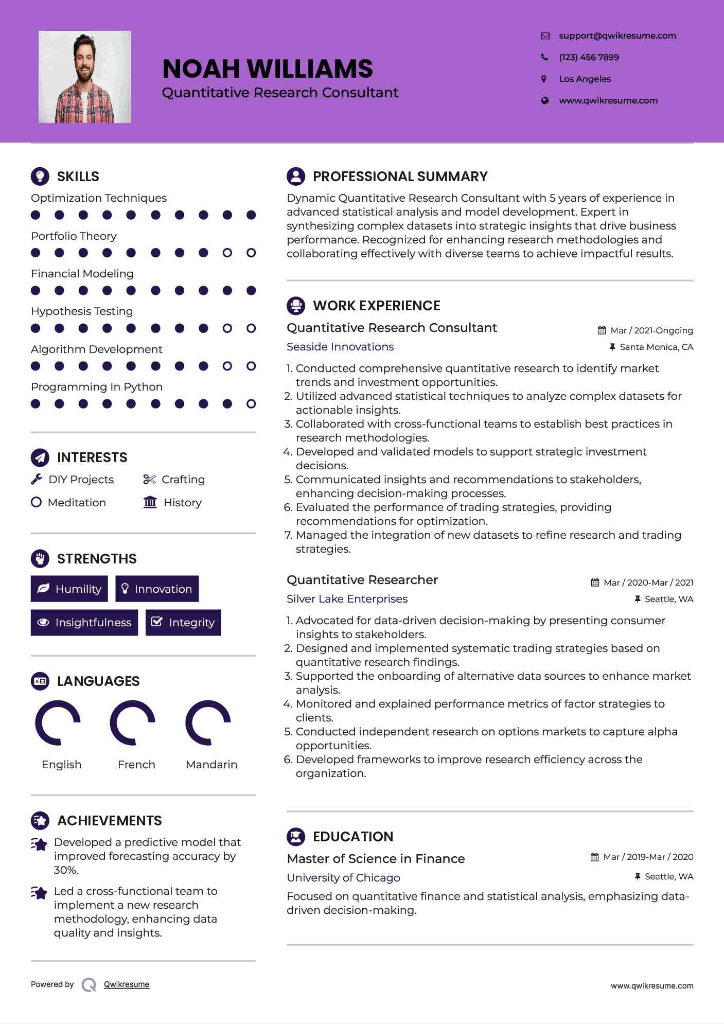 Quantitative Researcher Resume Sample