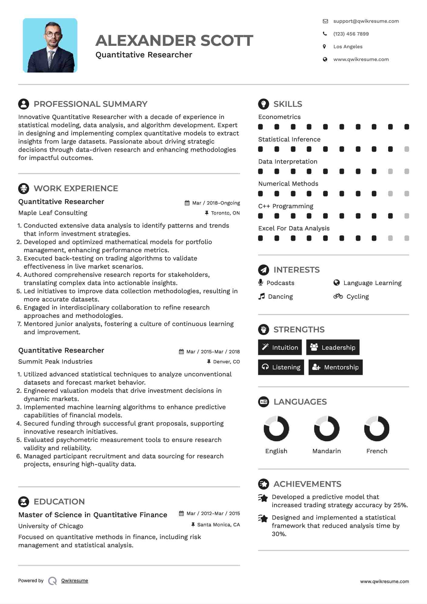 Quantitative Researcher Resume Model