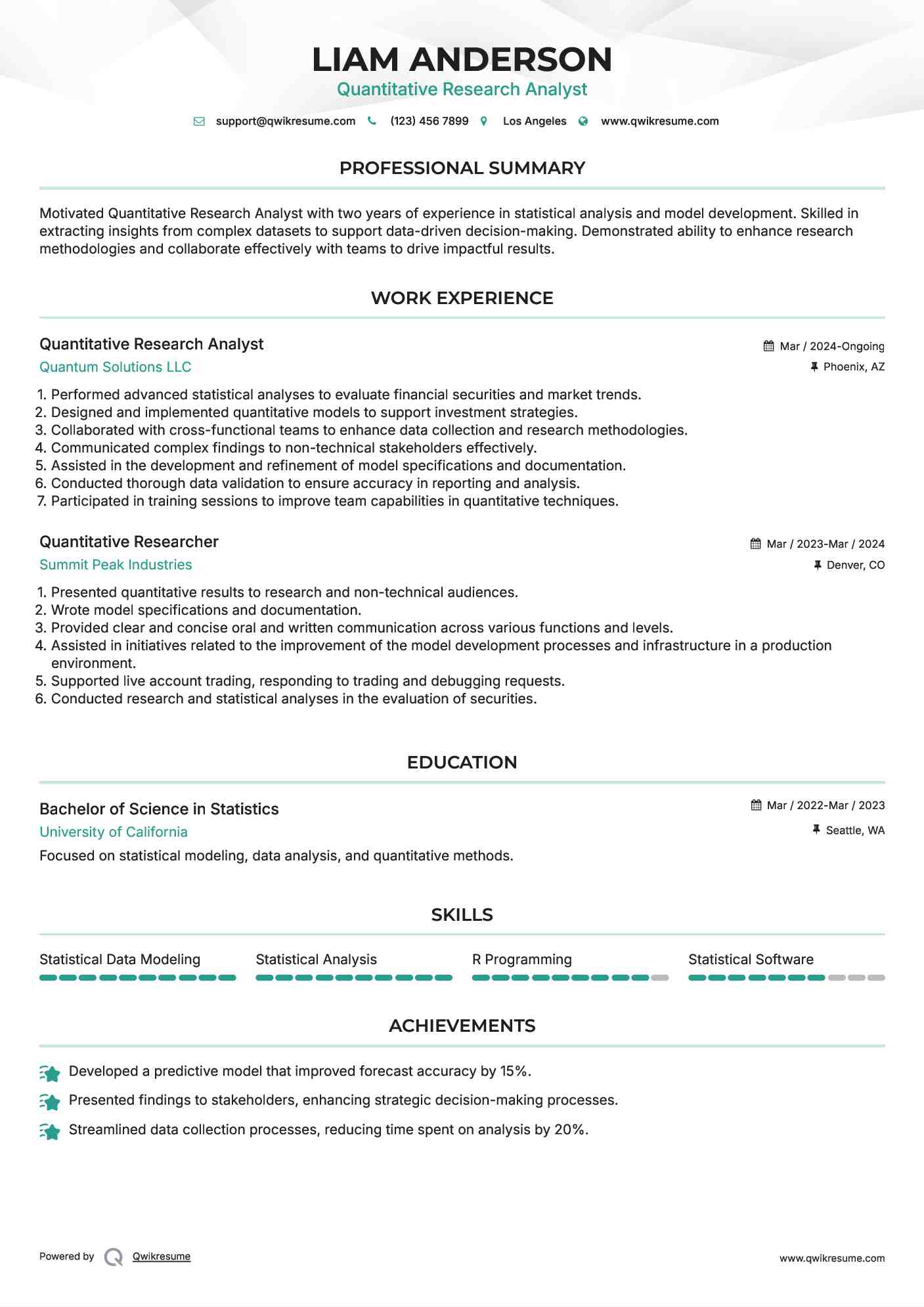 Quantitative Researcher Resume Sample