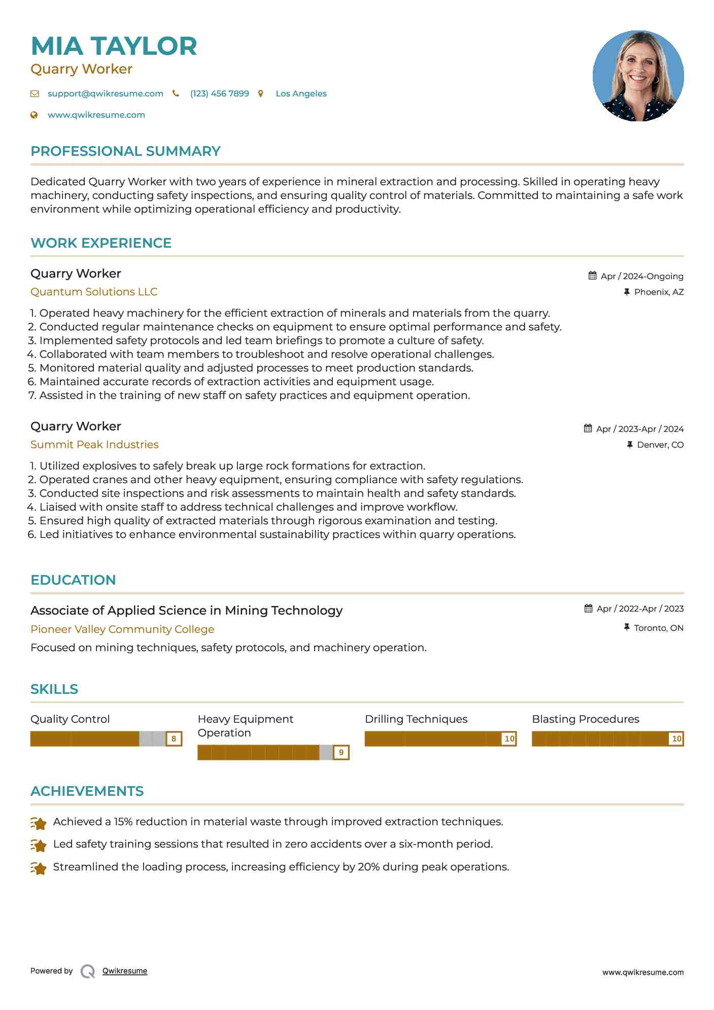 Quarry Worker Resume Example