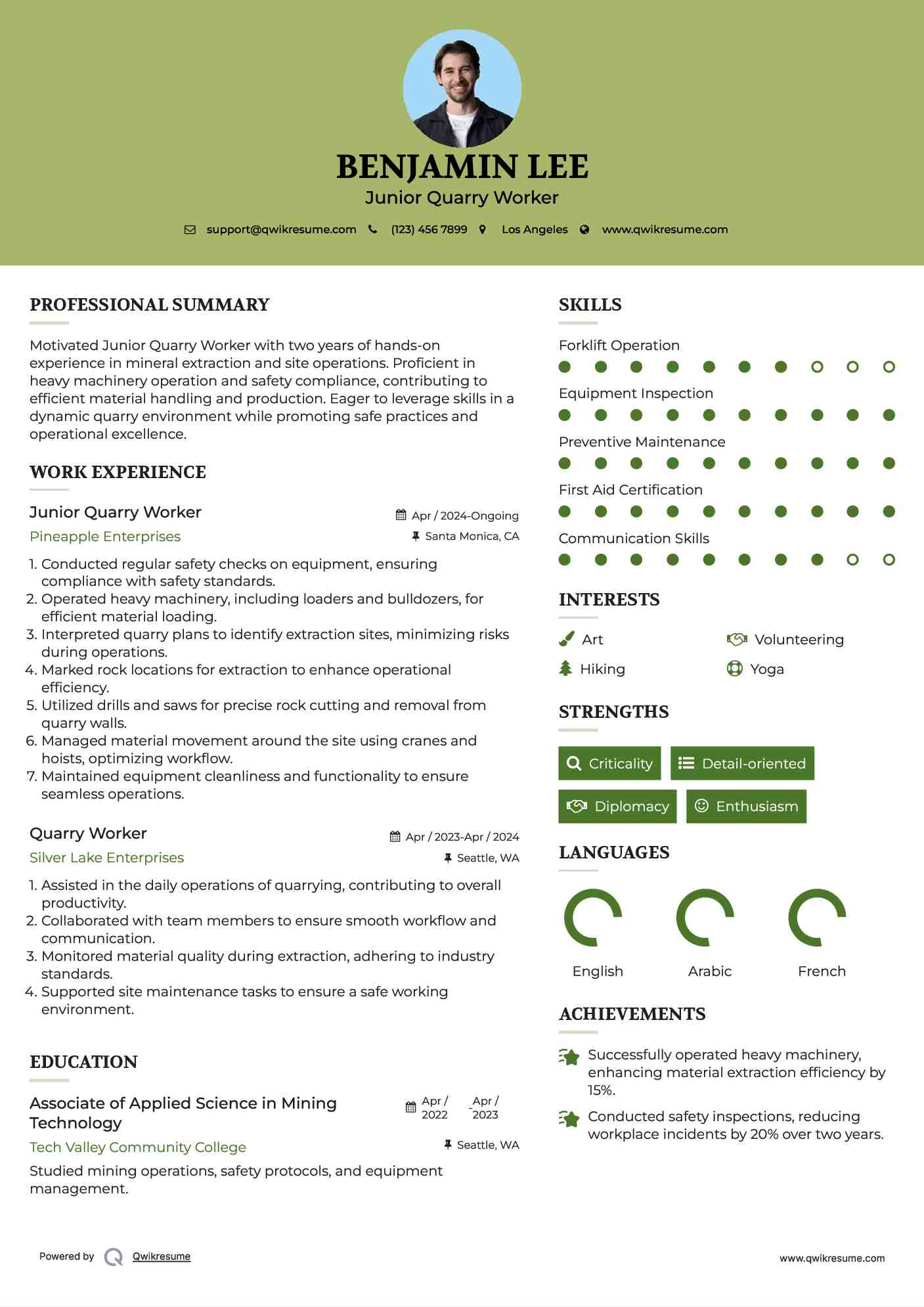 Junior Quarry Worker Resume Model