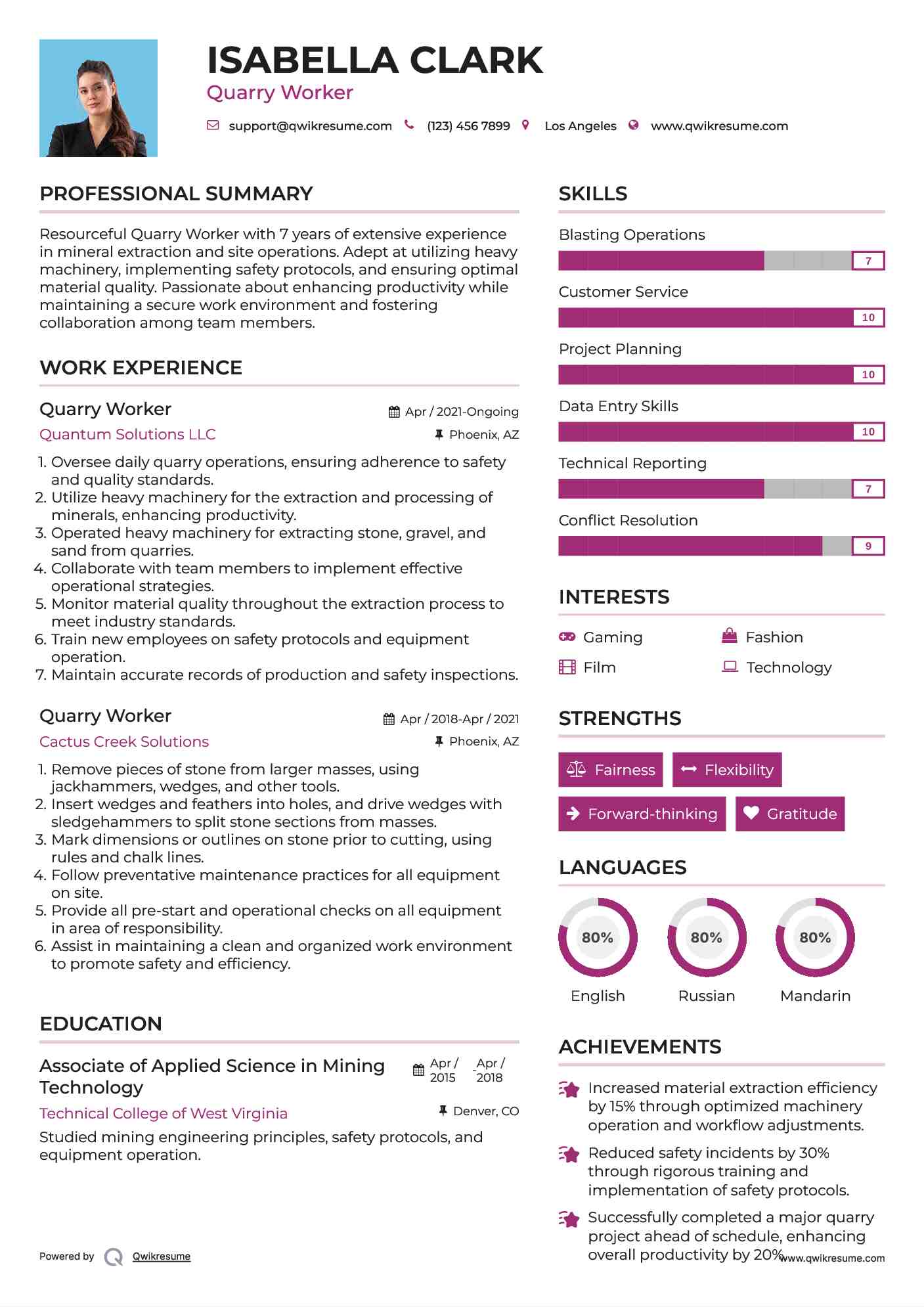 Quarry Worker Resume Sample