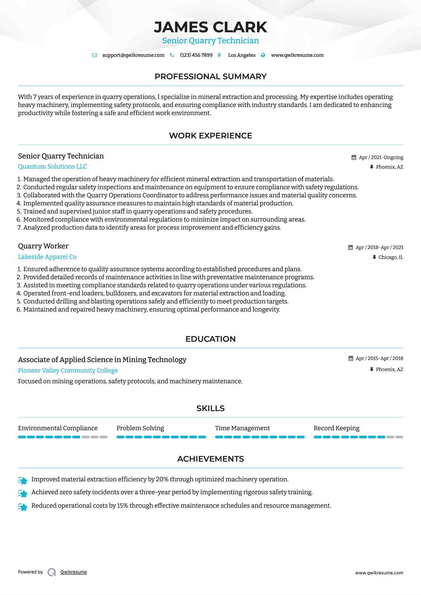 Senior Quarry Technician Resume Example