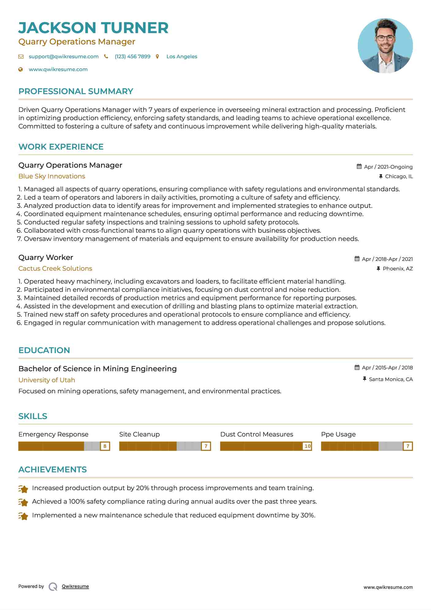 Quarry Operations Manager Resume Example