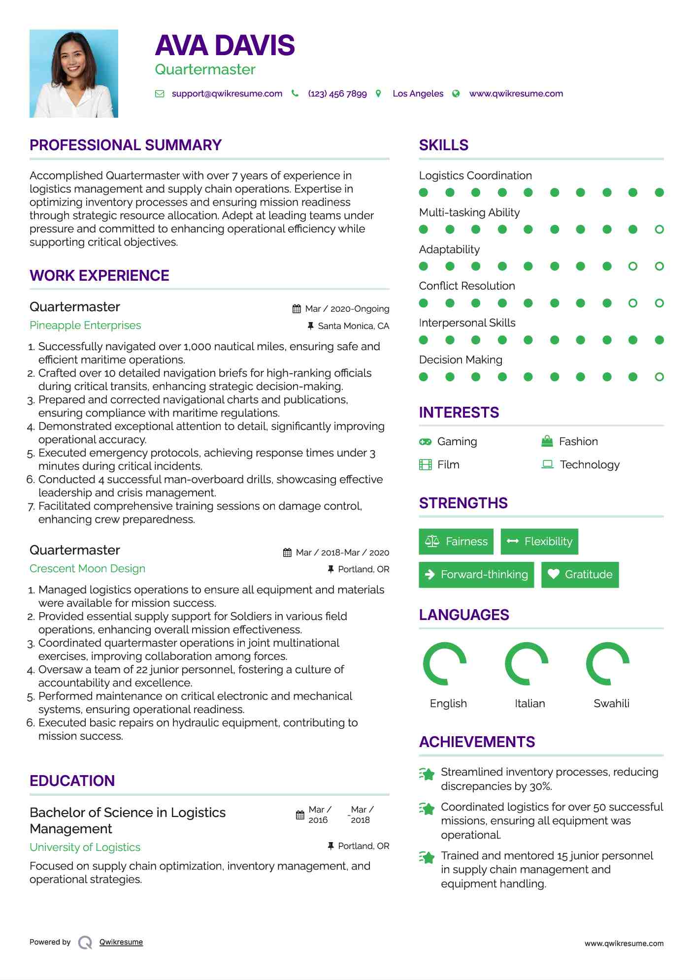 Quartermaster Resume Model