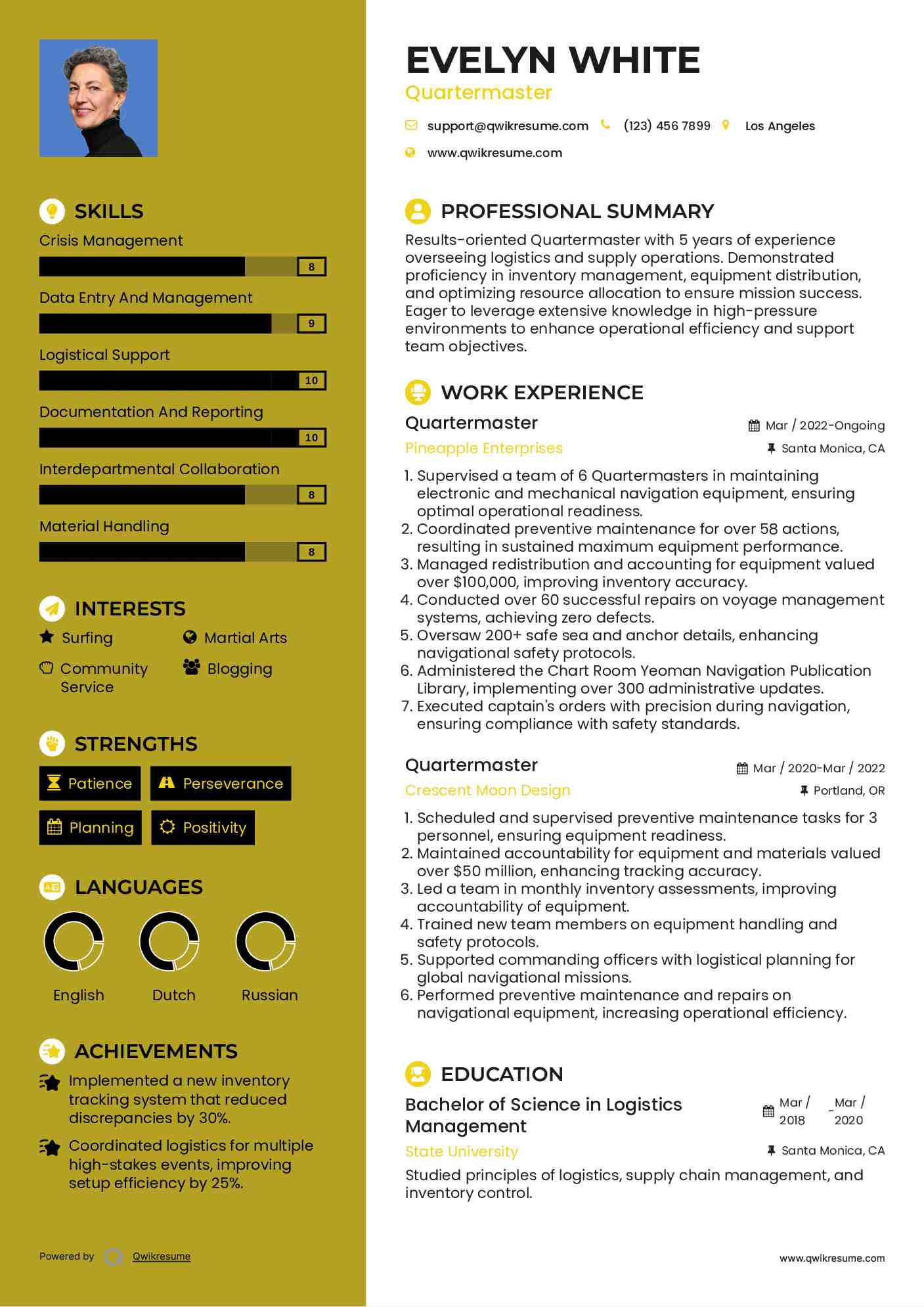 Quartermaster Resume Format