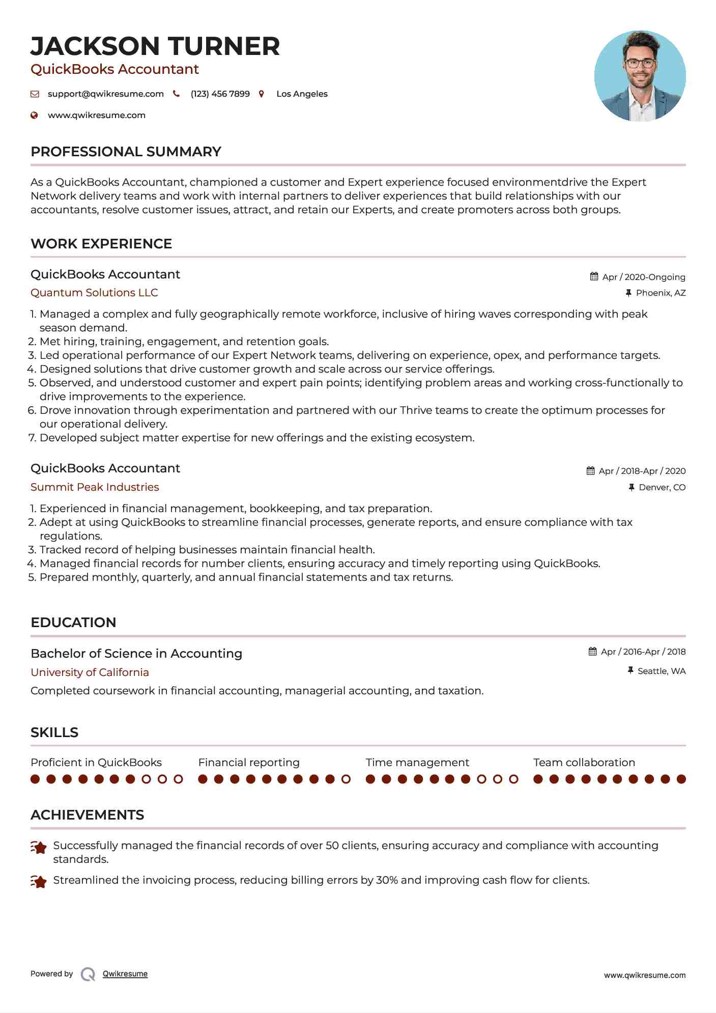 QuickBooks Accountant Resume Sample