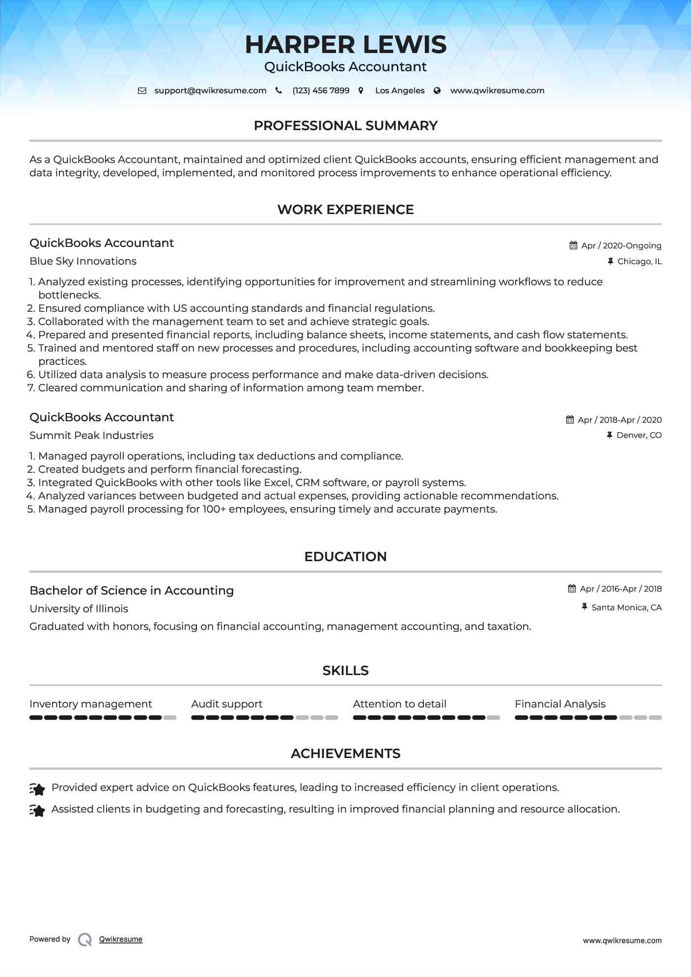 QuickBooks Accountant Resume Model