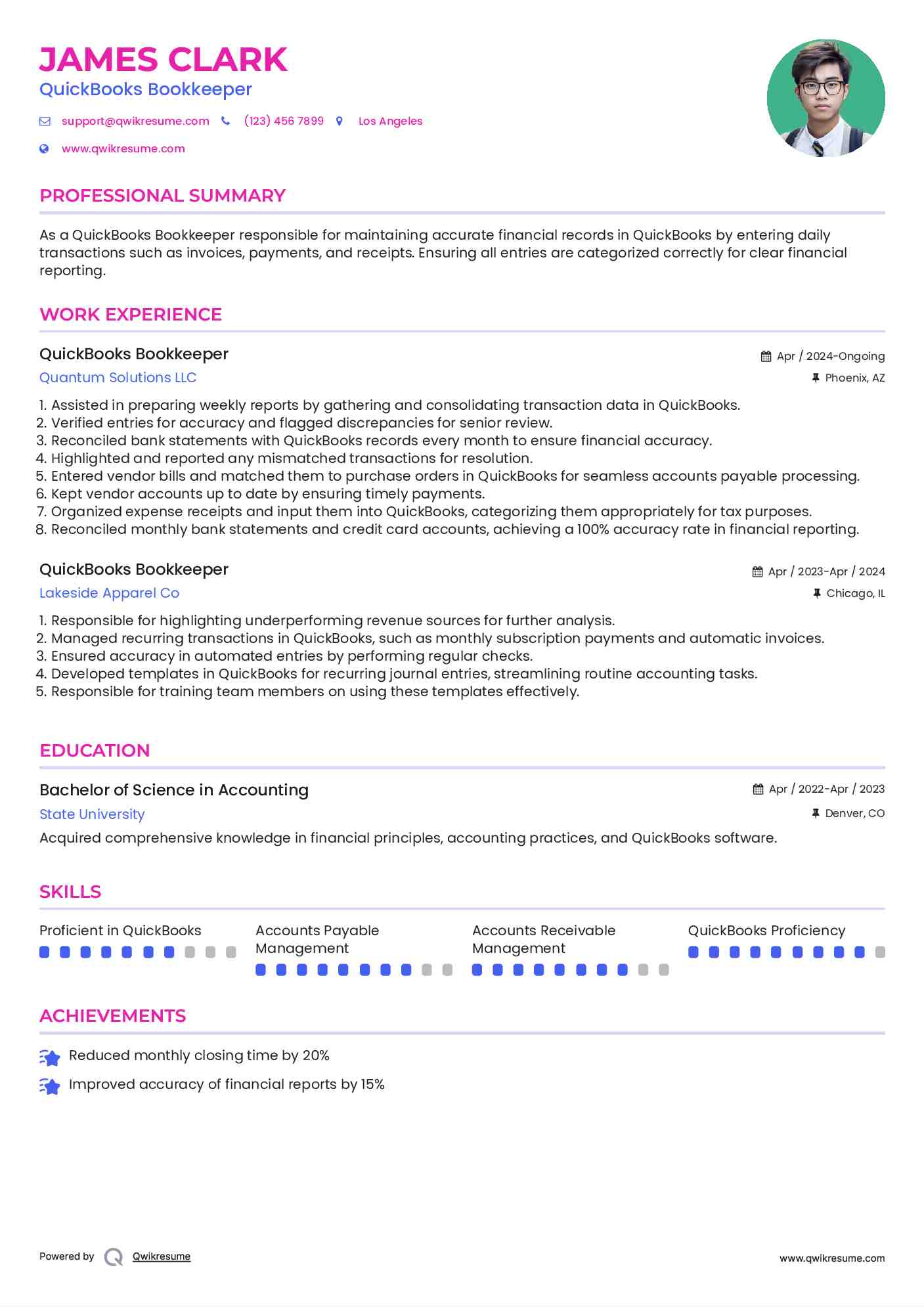 QuickBooks Bookkeeper Resume Format