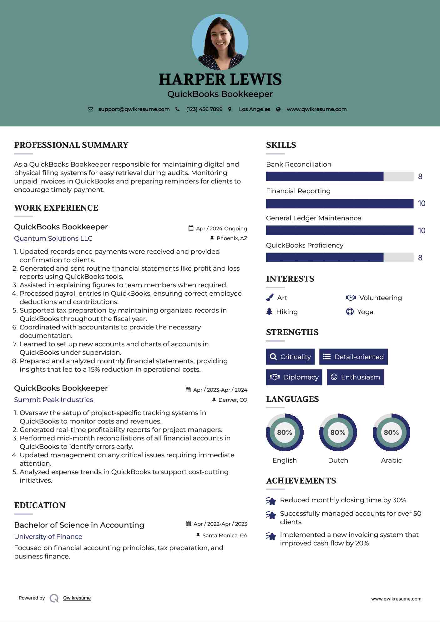 QuickBooks Bookkeeper Resume Example