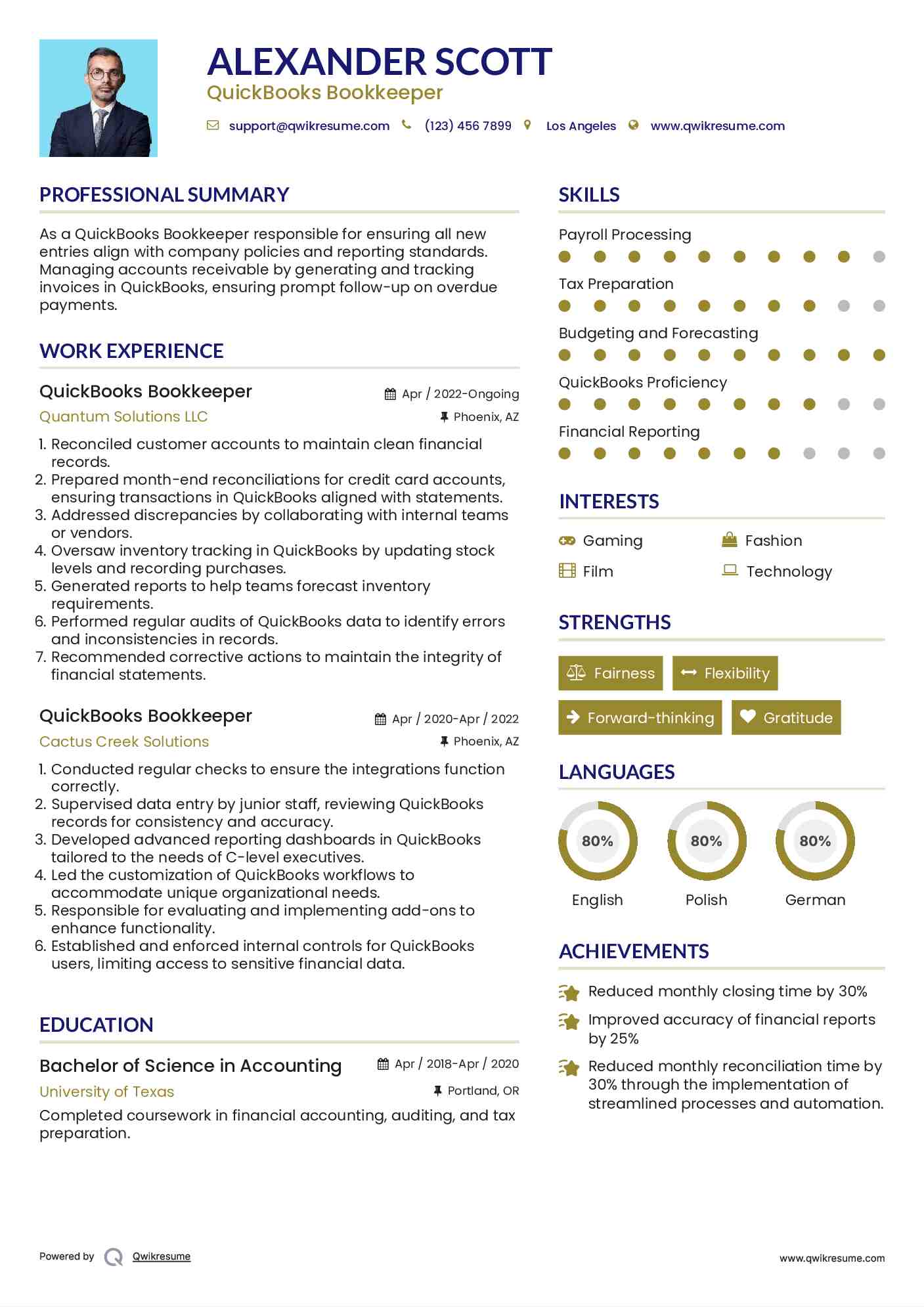 QuickBooks Bookkeeper Resume Format