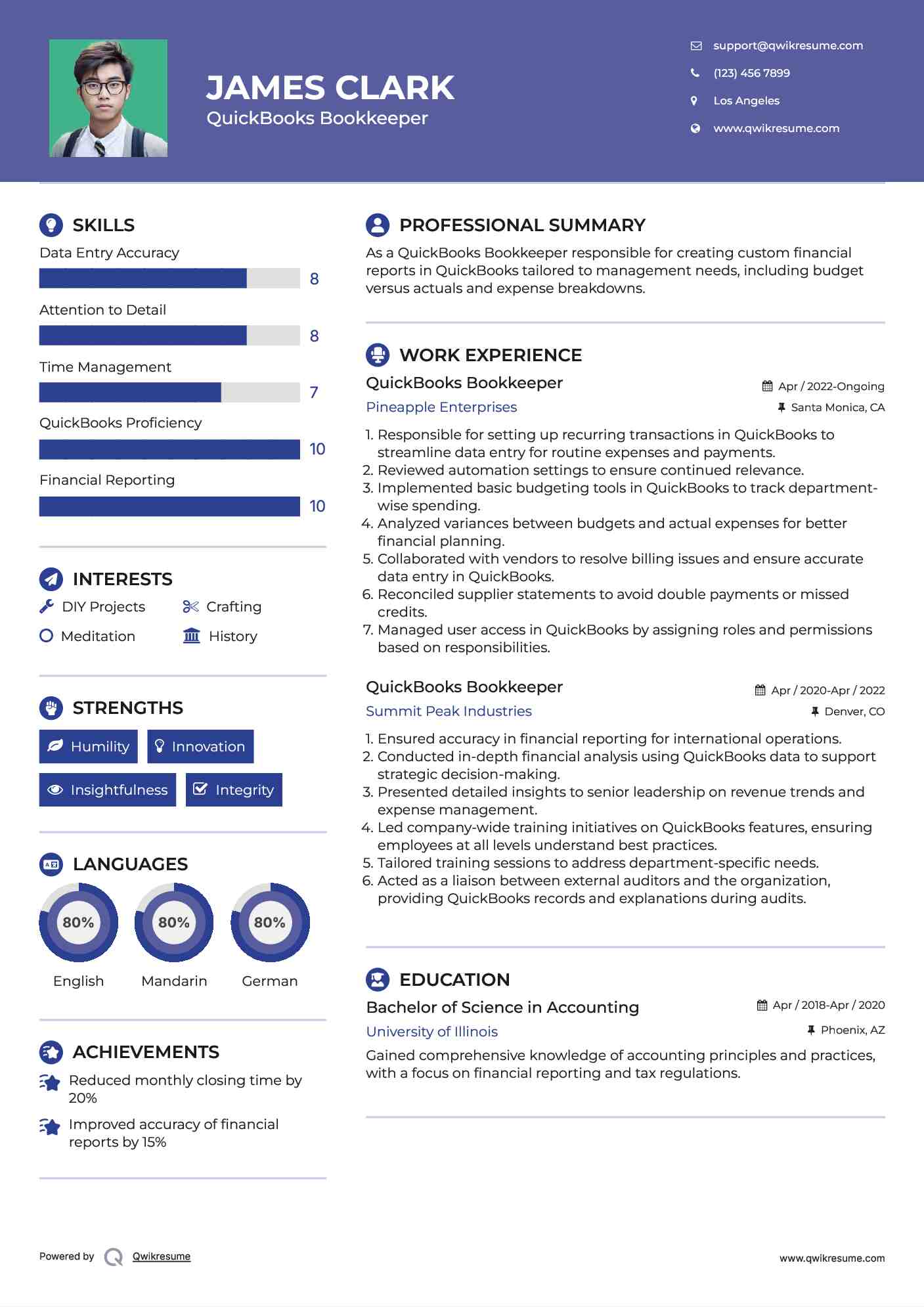 QuickBooks Bookkeeper Resume Example