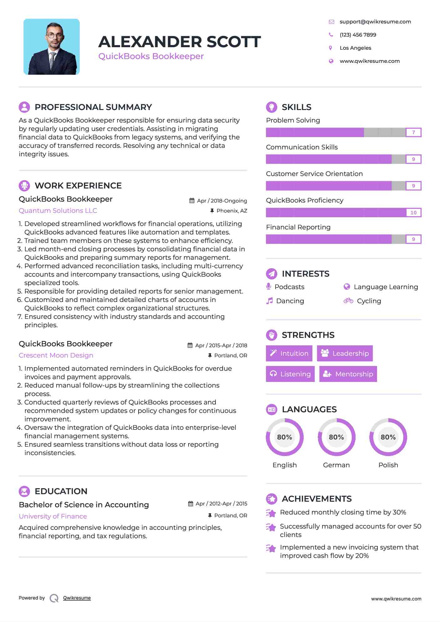 QuickBooks Bookkeeper Resume Model