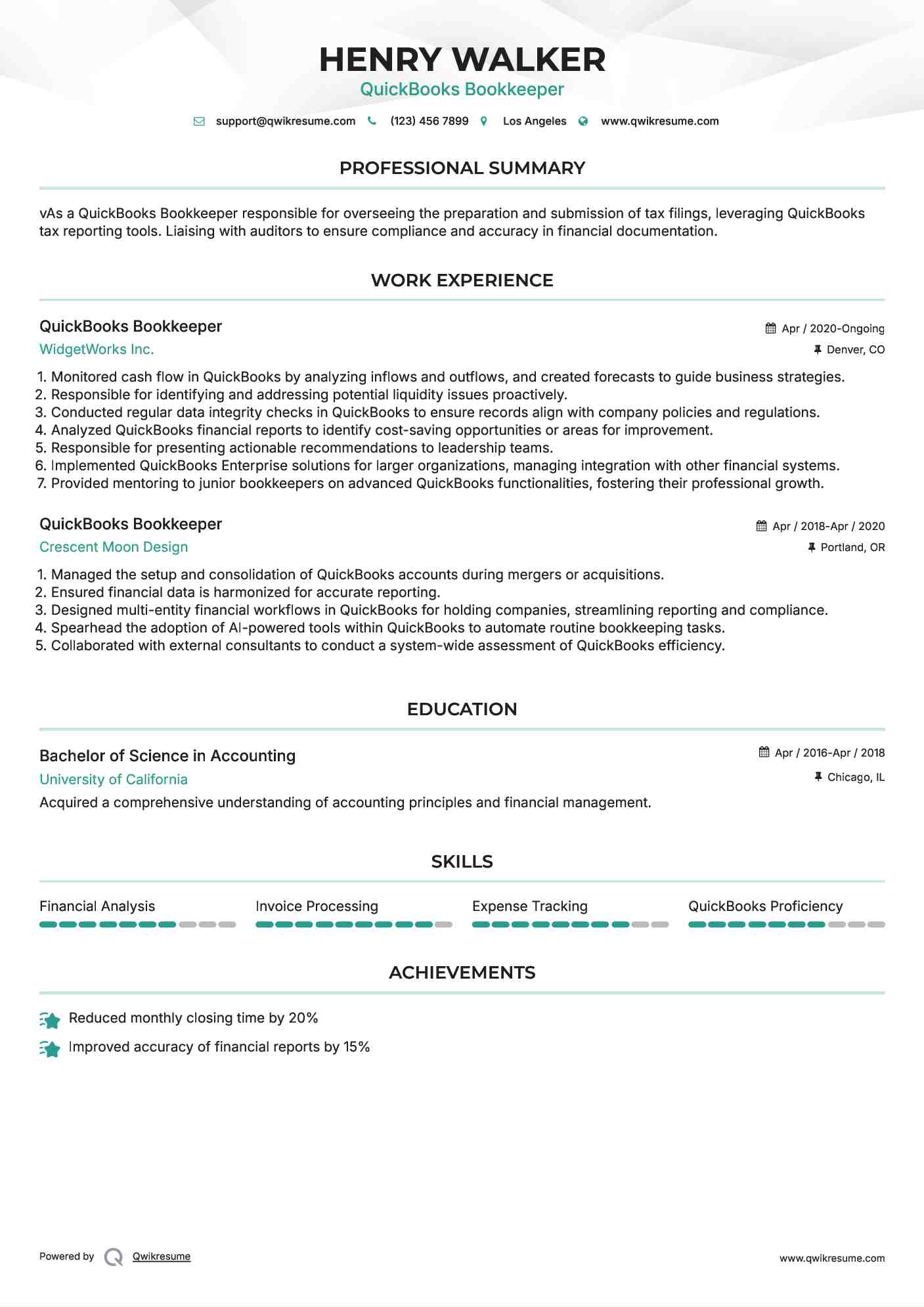 QuickBooks Bookkeeper Resume Model