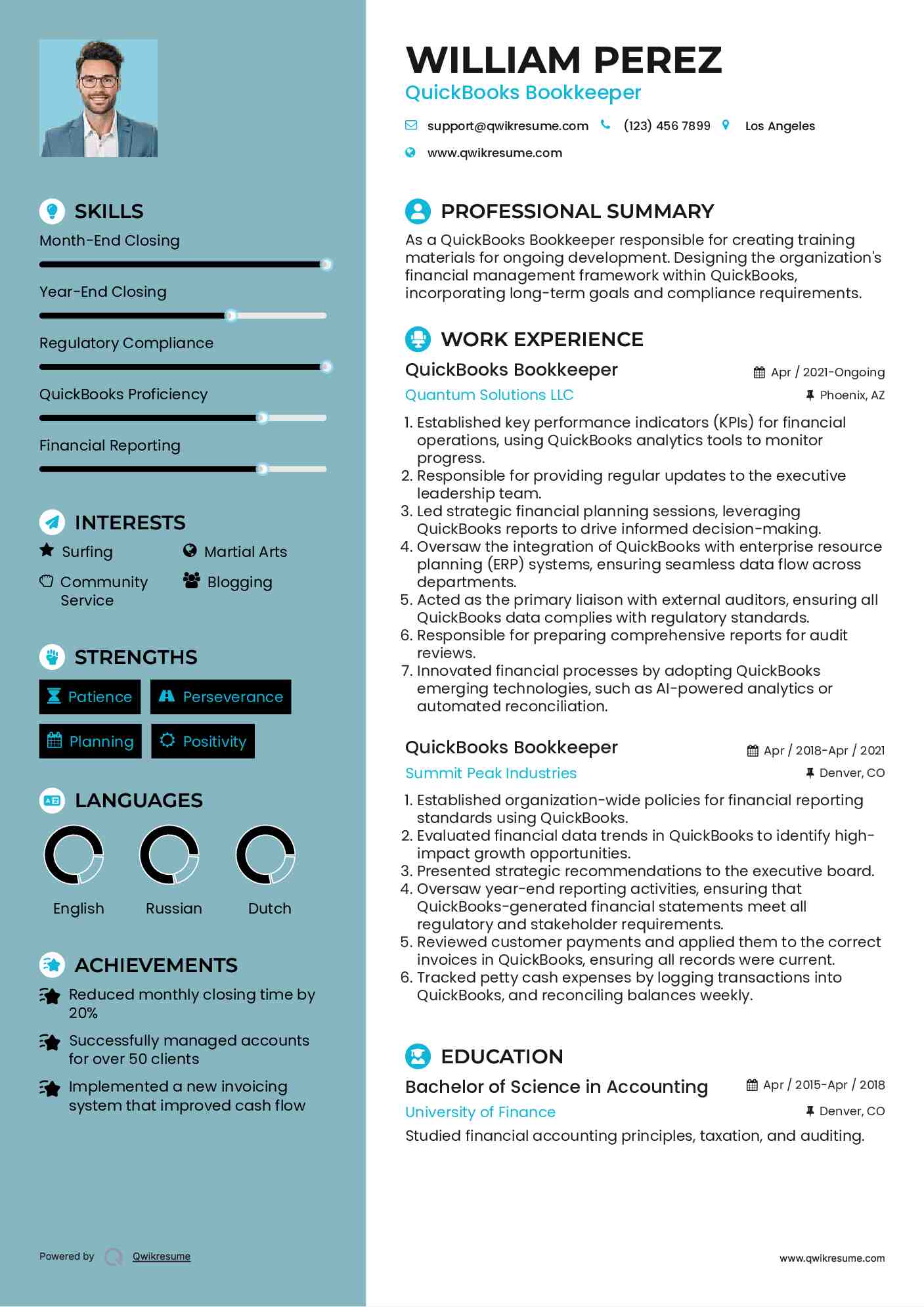 QuickBooks Bookkeeper Resume Sample