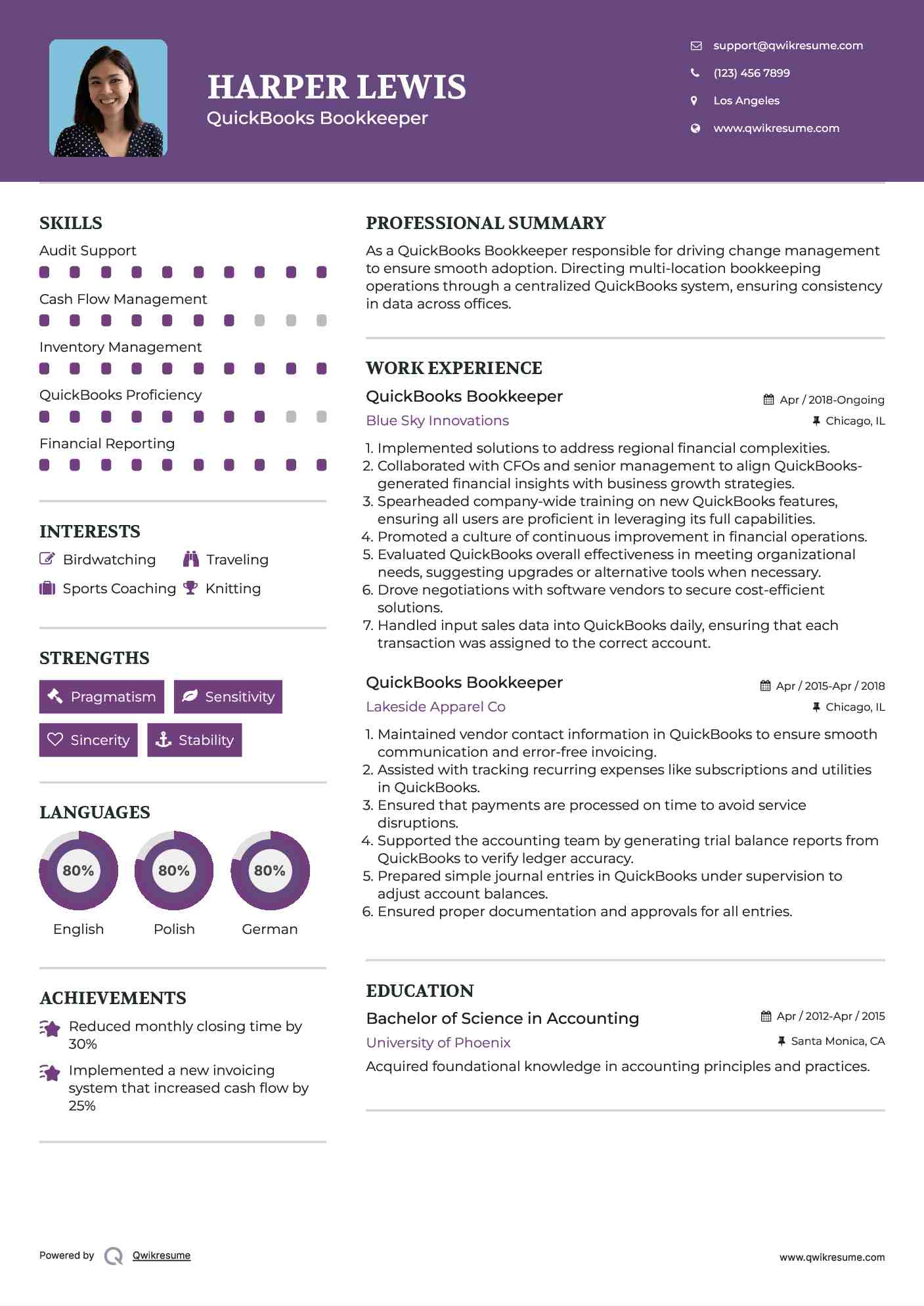 QuickBooks Bookkeeper Resume Template