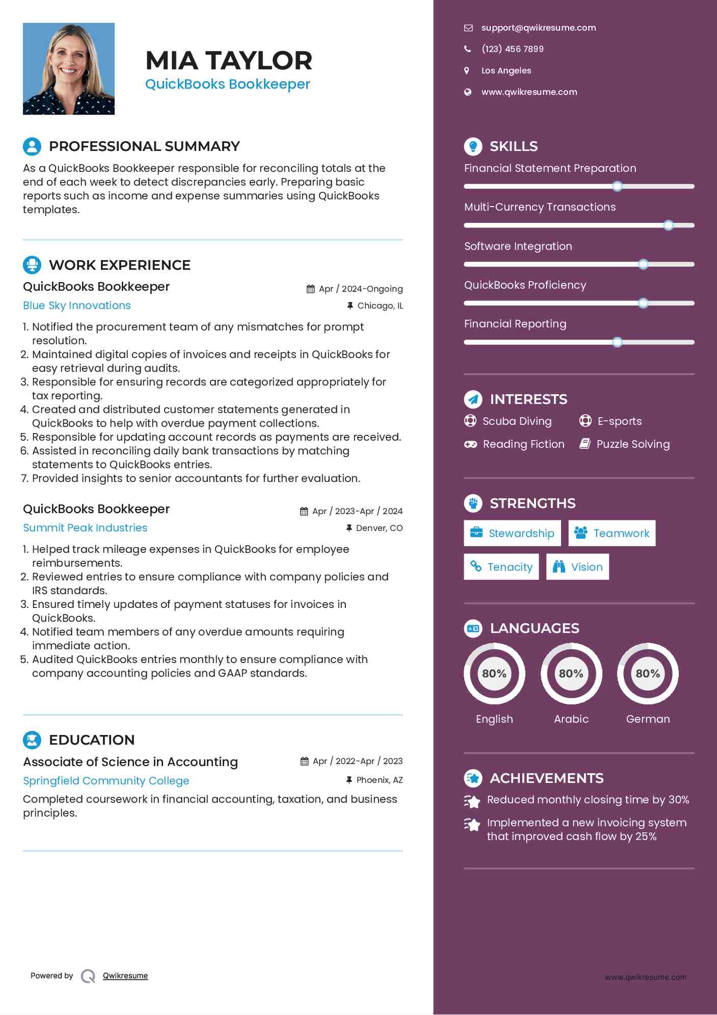 QuickBooks Bookkeeper Resume Template