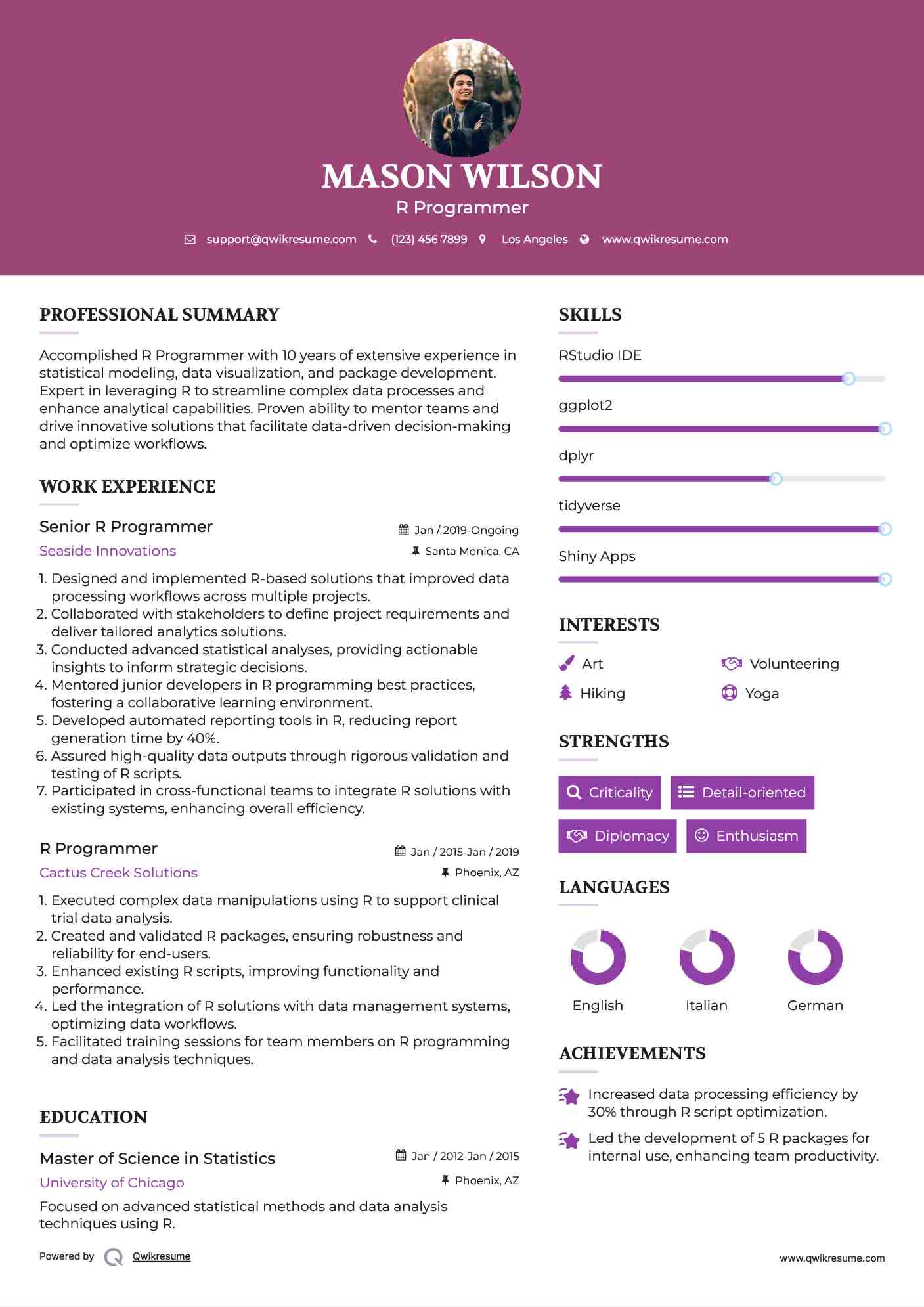 Senior R Programmer Resume Example