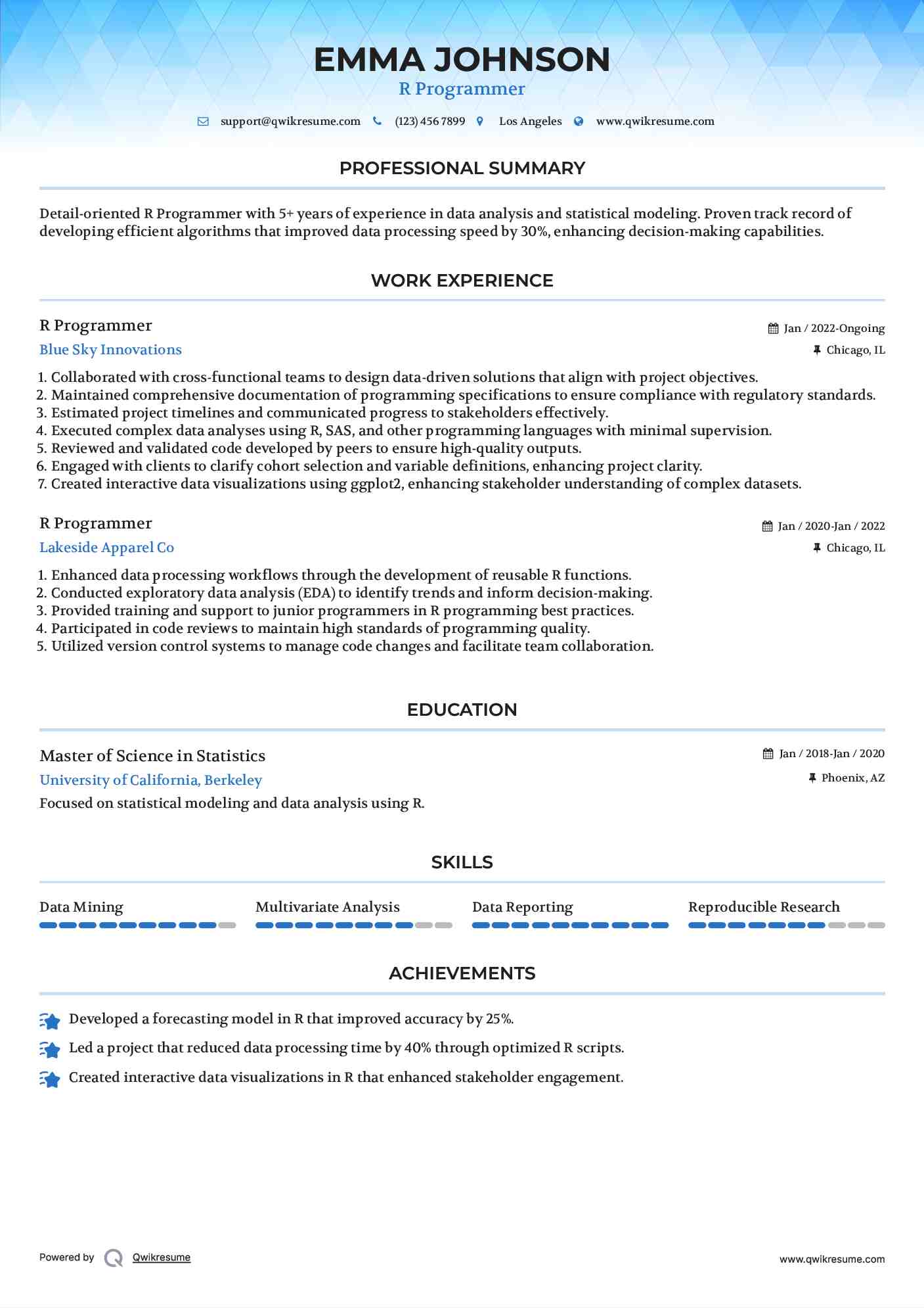 R Programmer Resume Example