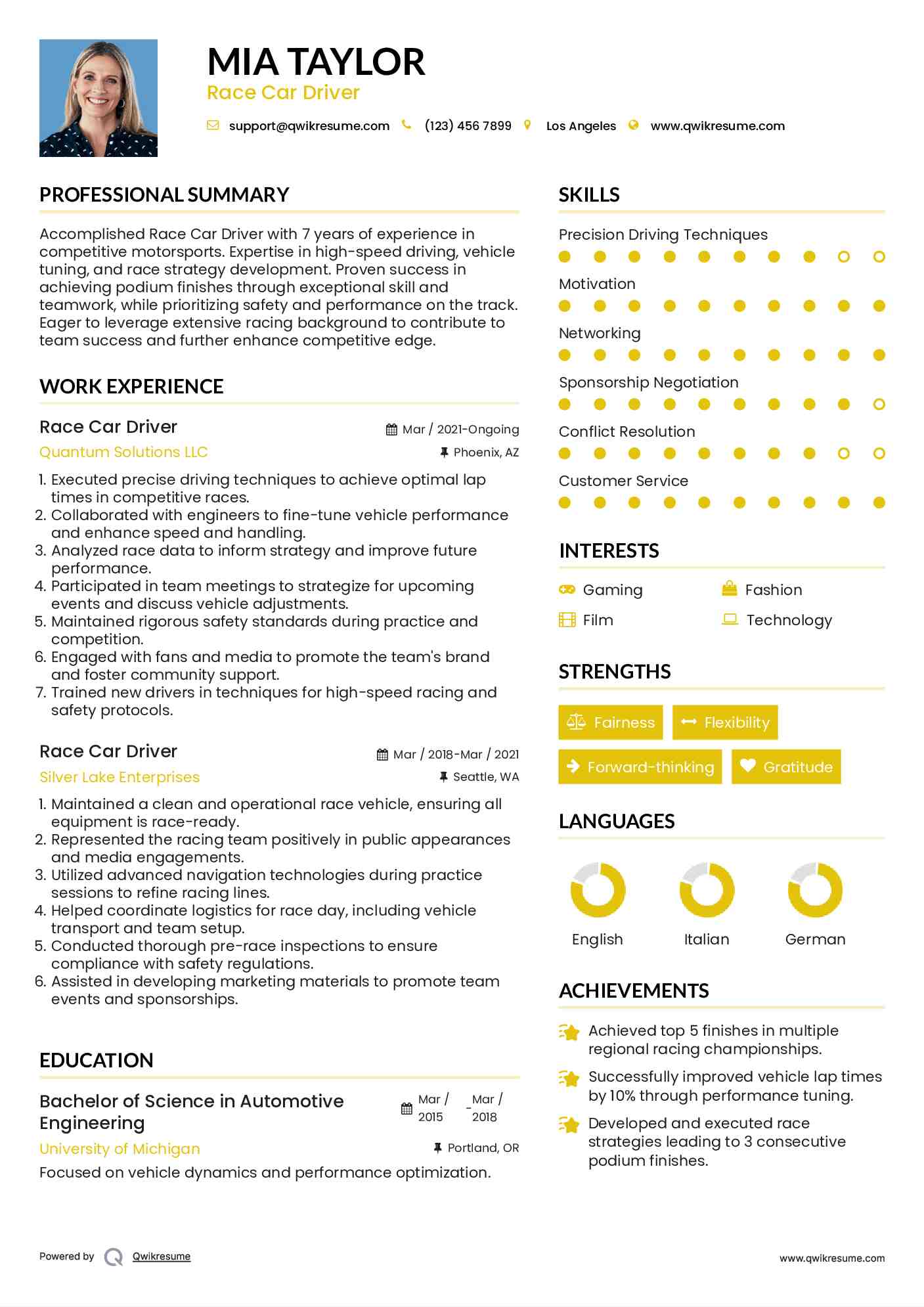 Race Car Driver Resume Example