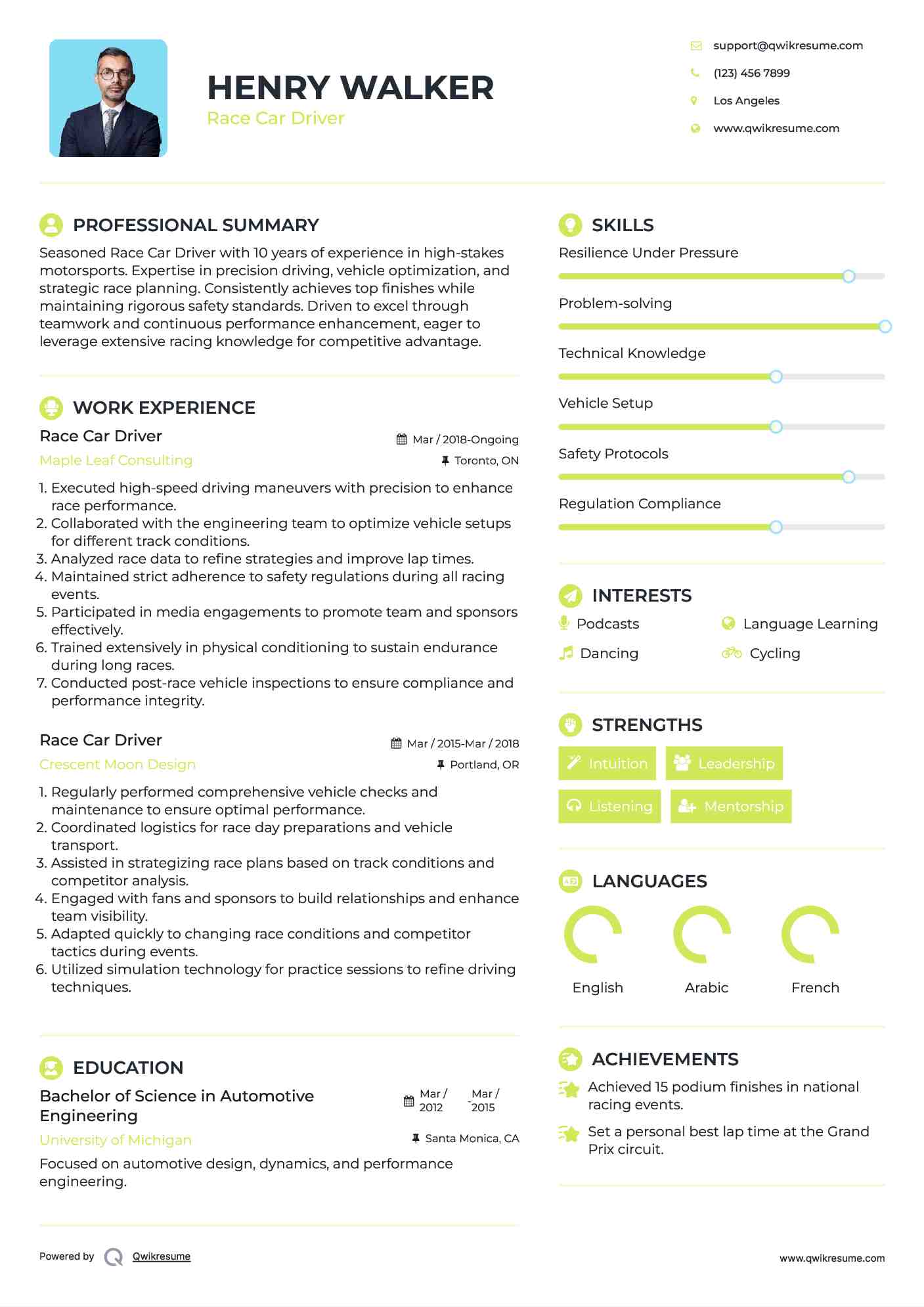 Race Car Driver Resume Sample