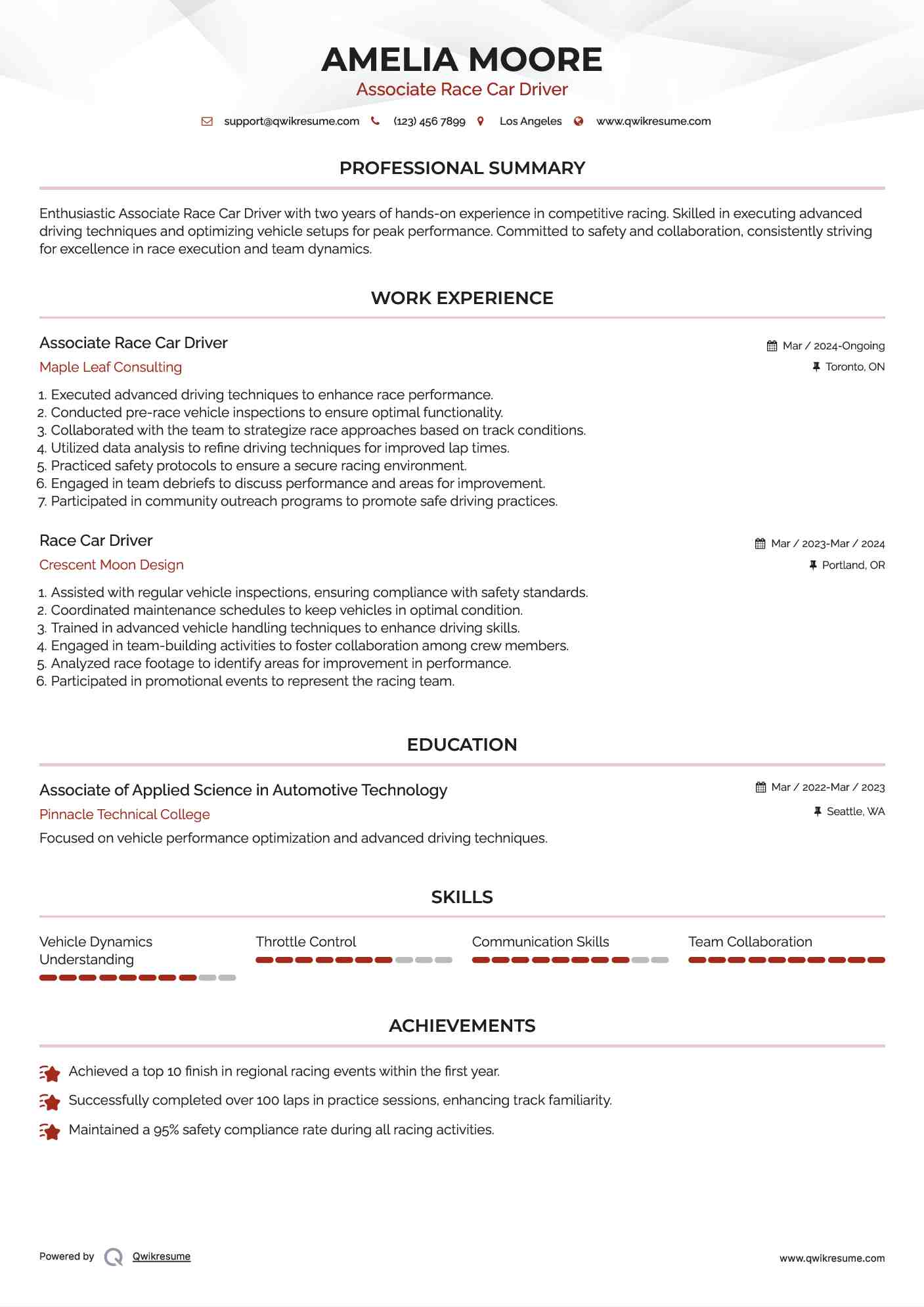 Associate Race Car Driver Resume Model