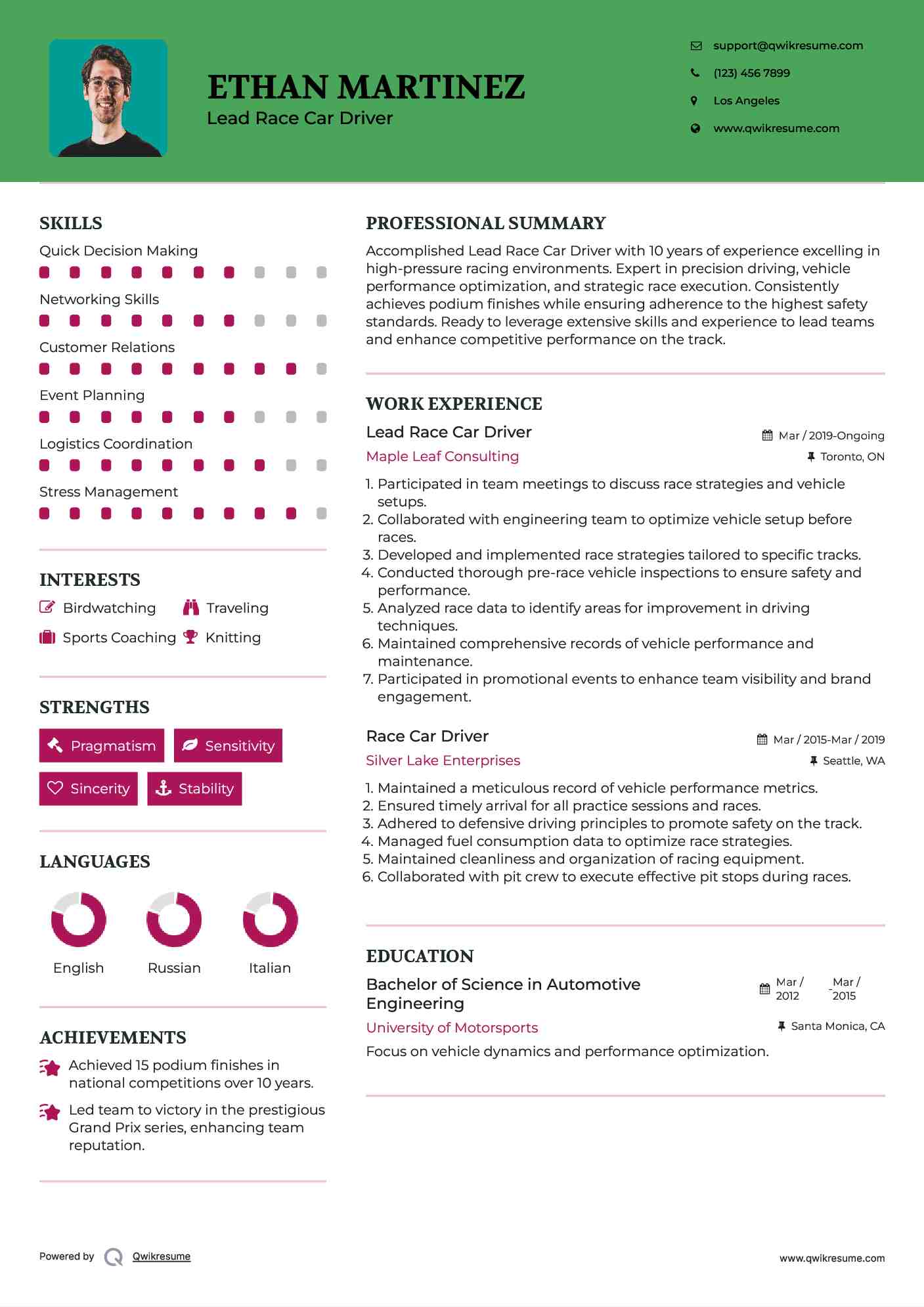 Lead Race Car Driver Resume Example