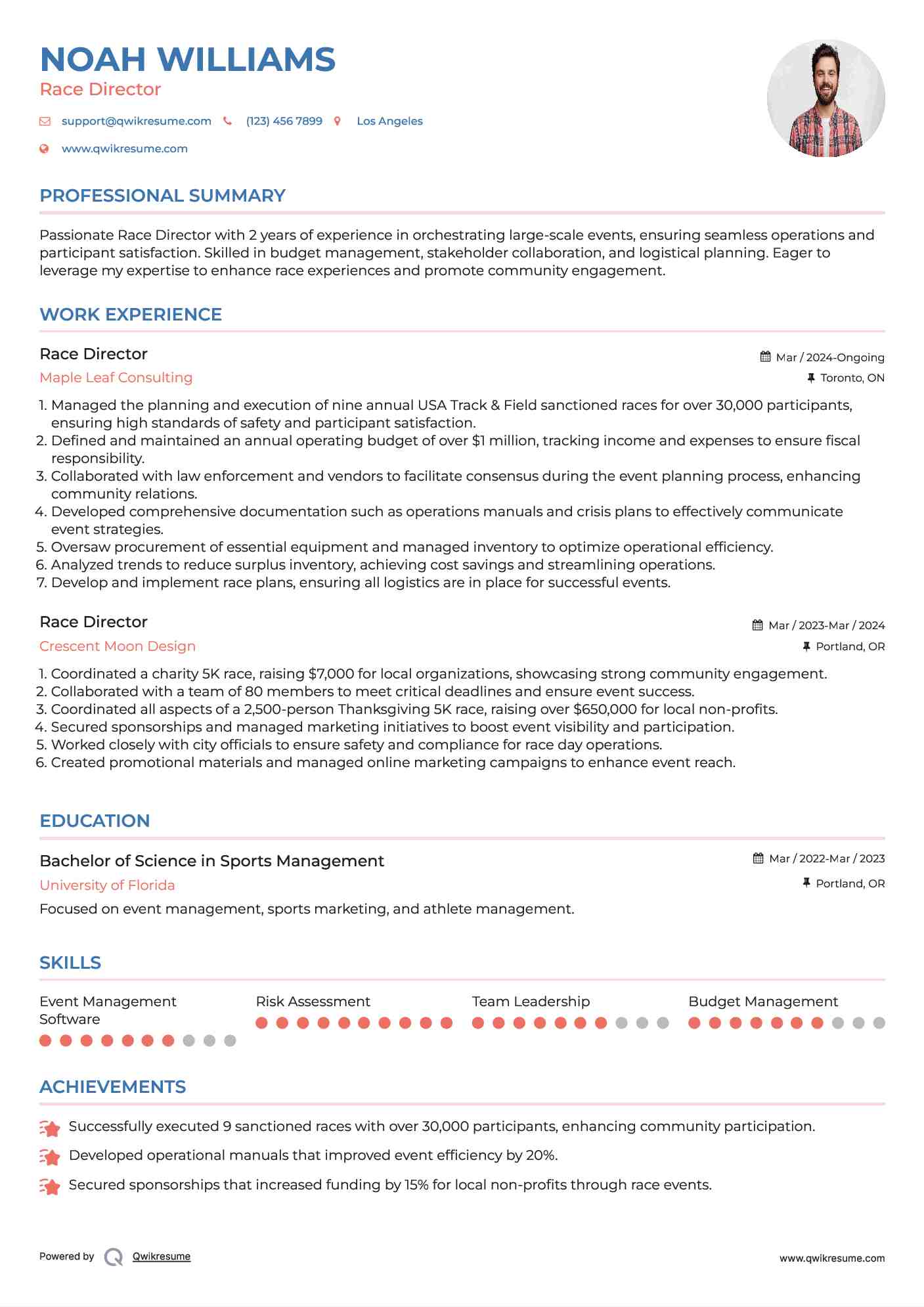 Race Director Resume Example