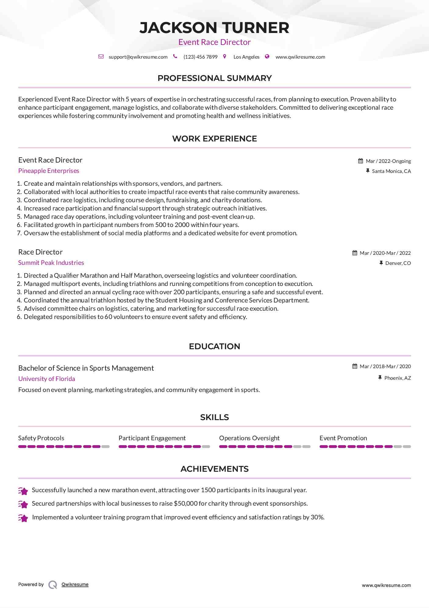 Event Race Director Resume Sample