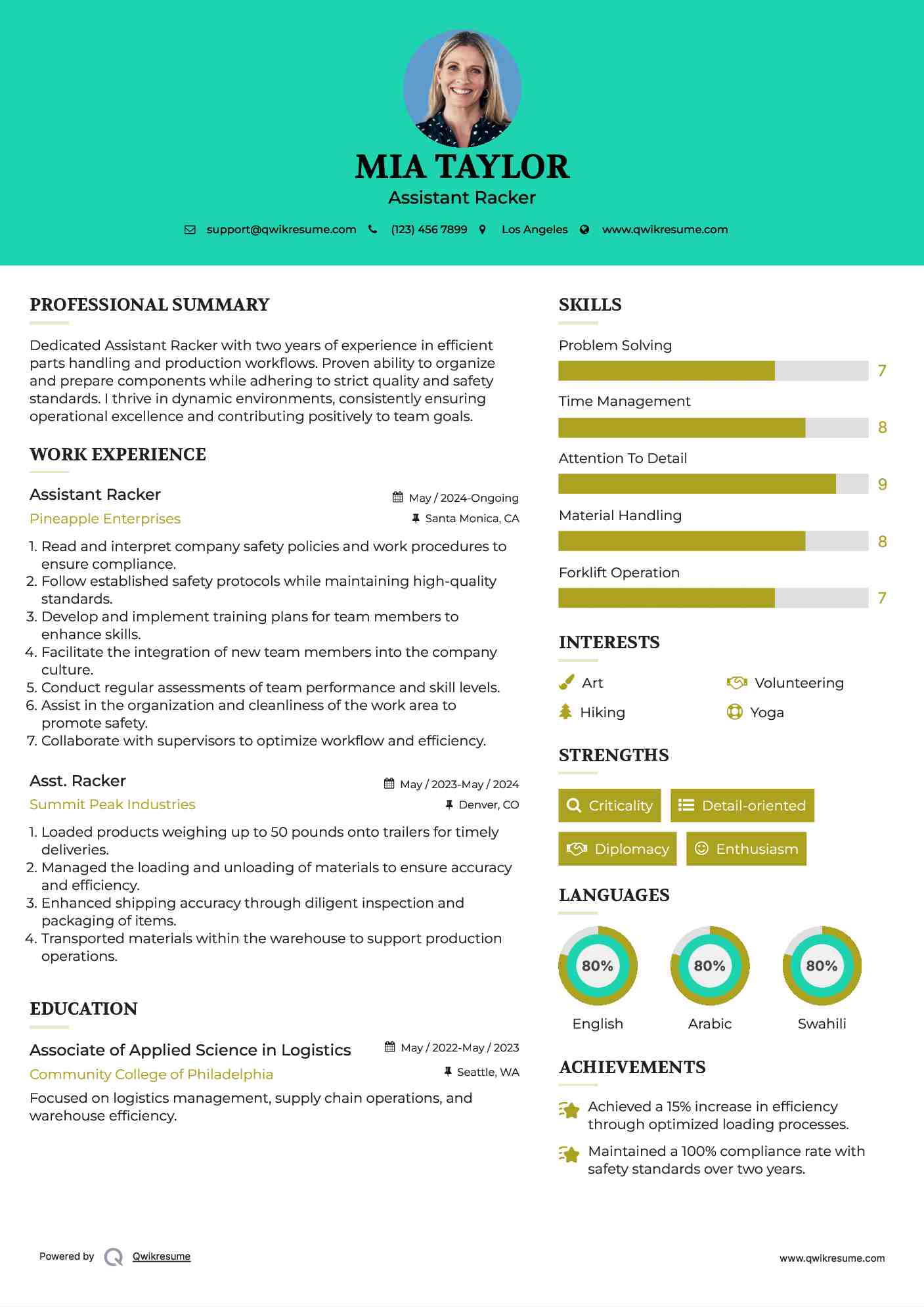 Assistant Racker  Resume Sample
