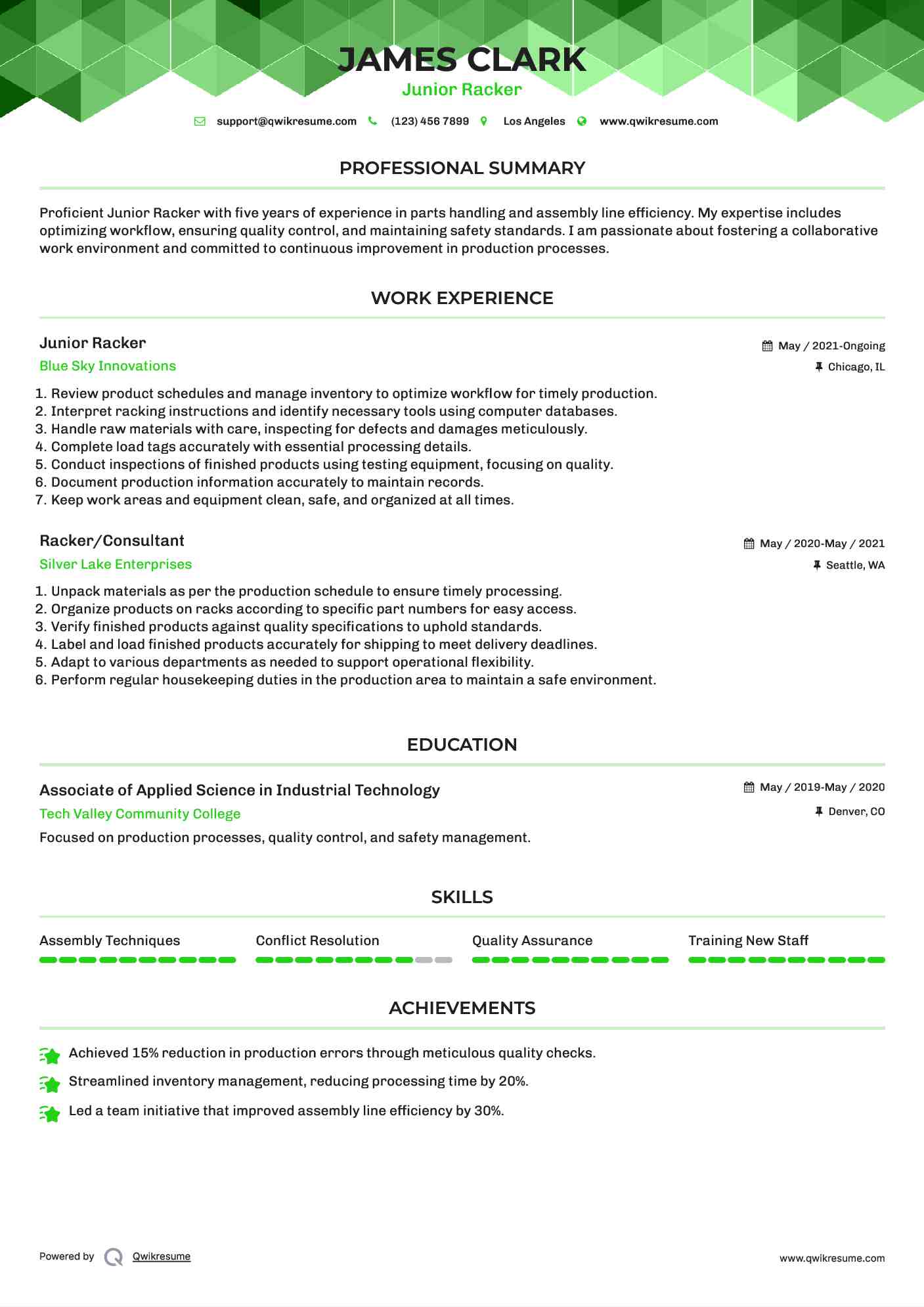 Junior Racker Resume Model