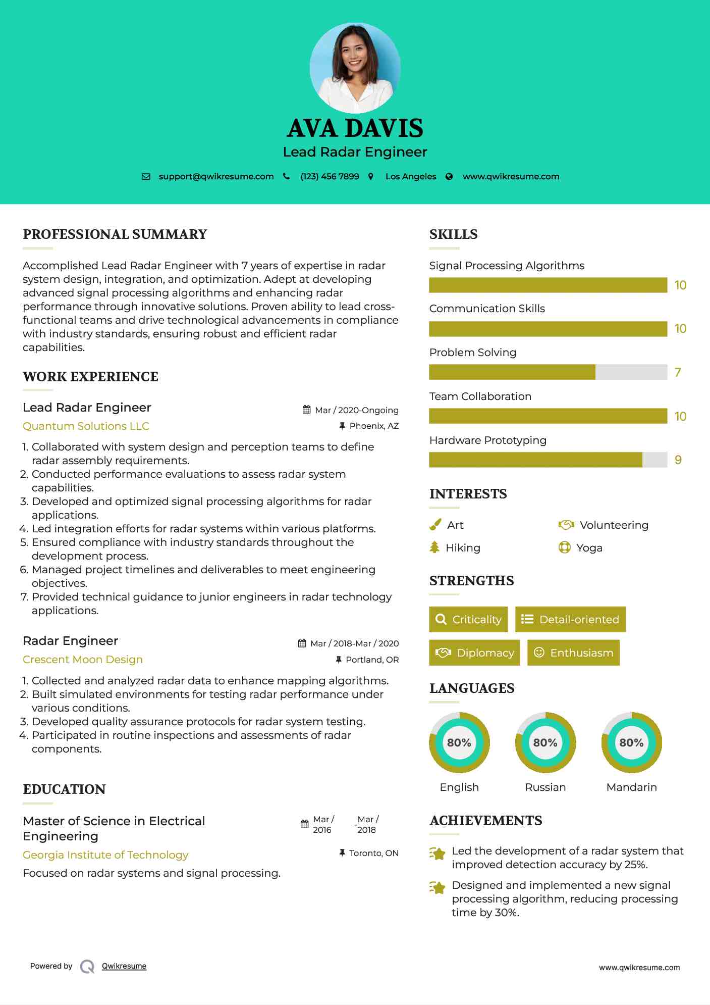 Lead Radar Engineer Resume Example