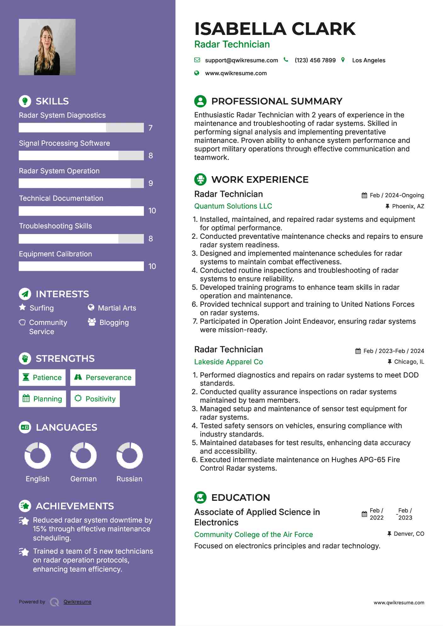 Radar Technician Resume Sample