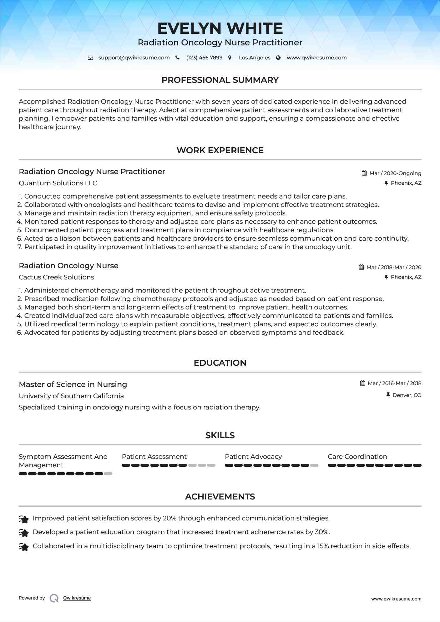 Radiation Oncology Nurse Practitioner Resume Sample