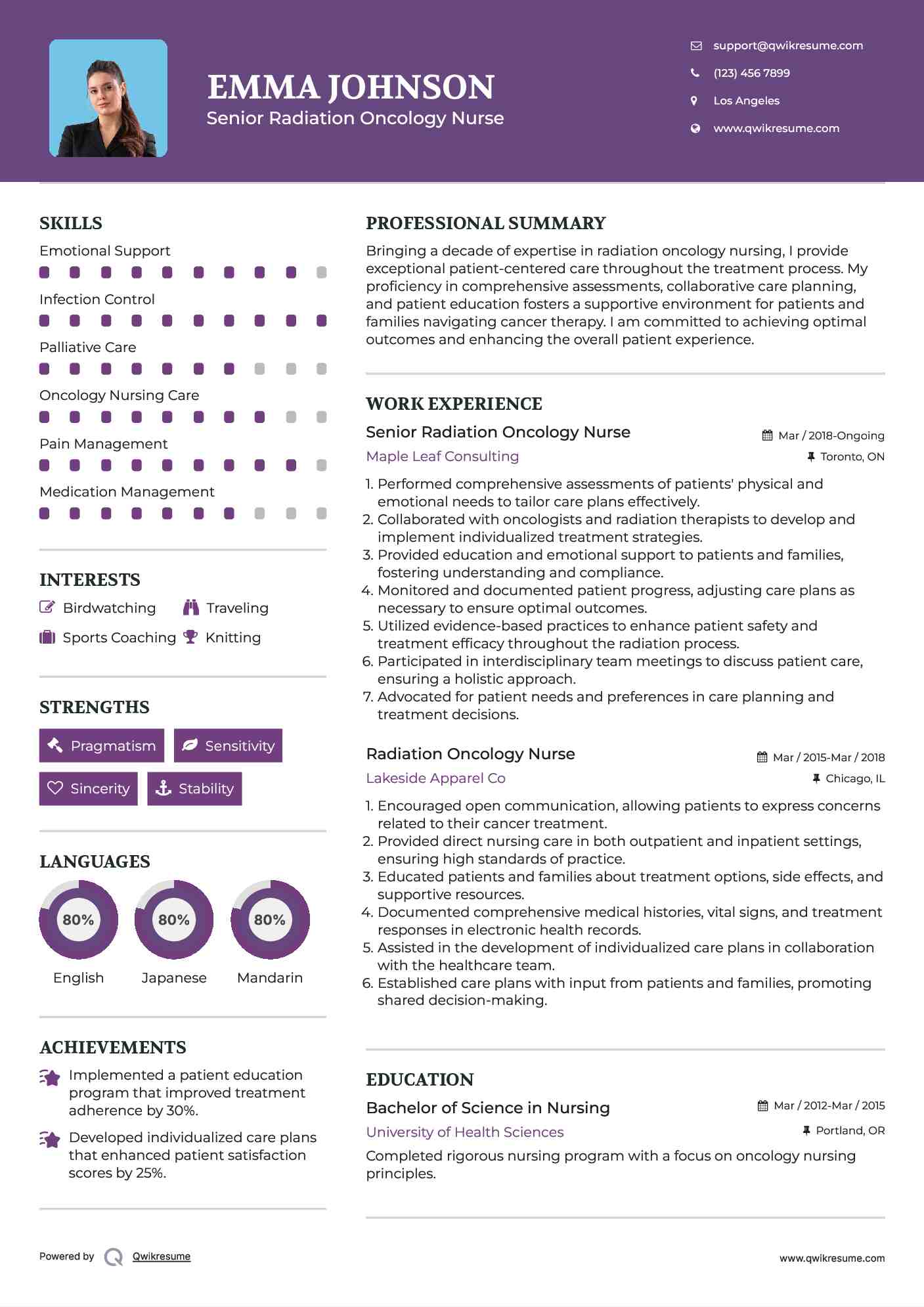 Senior Radiation Oncology Nurse Resume Sample