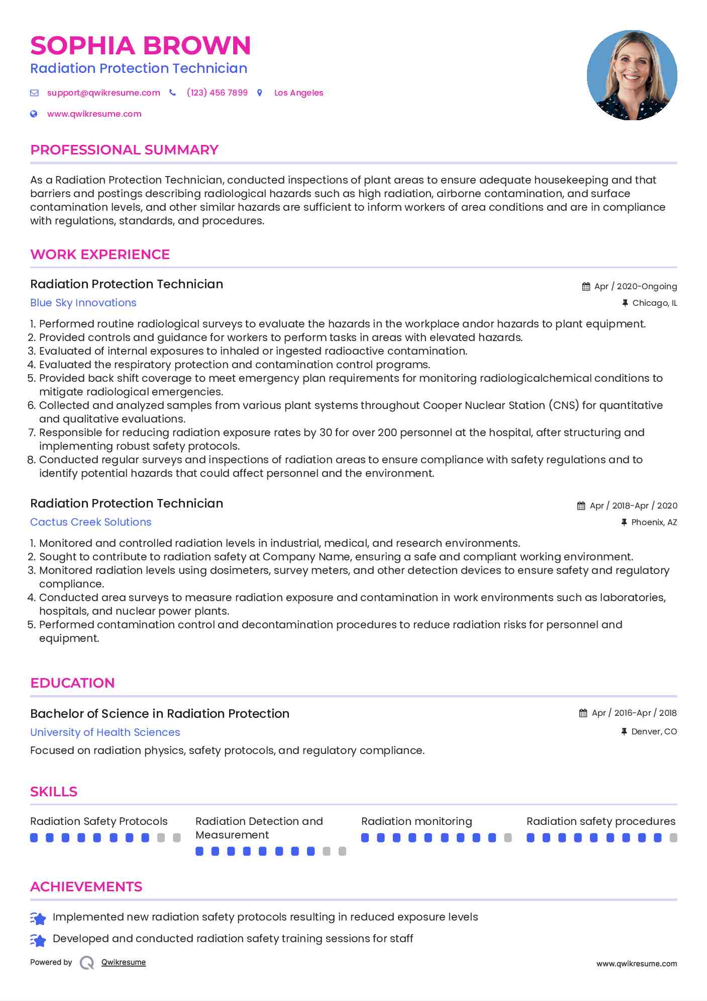 Radiation Protection Technician Resume Example