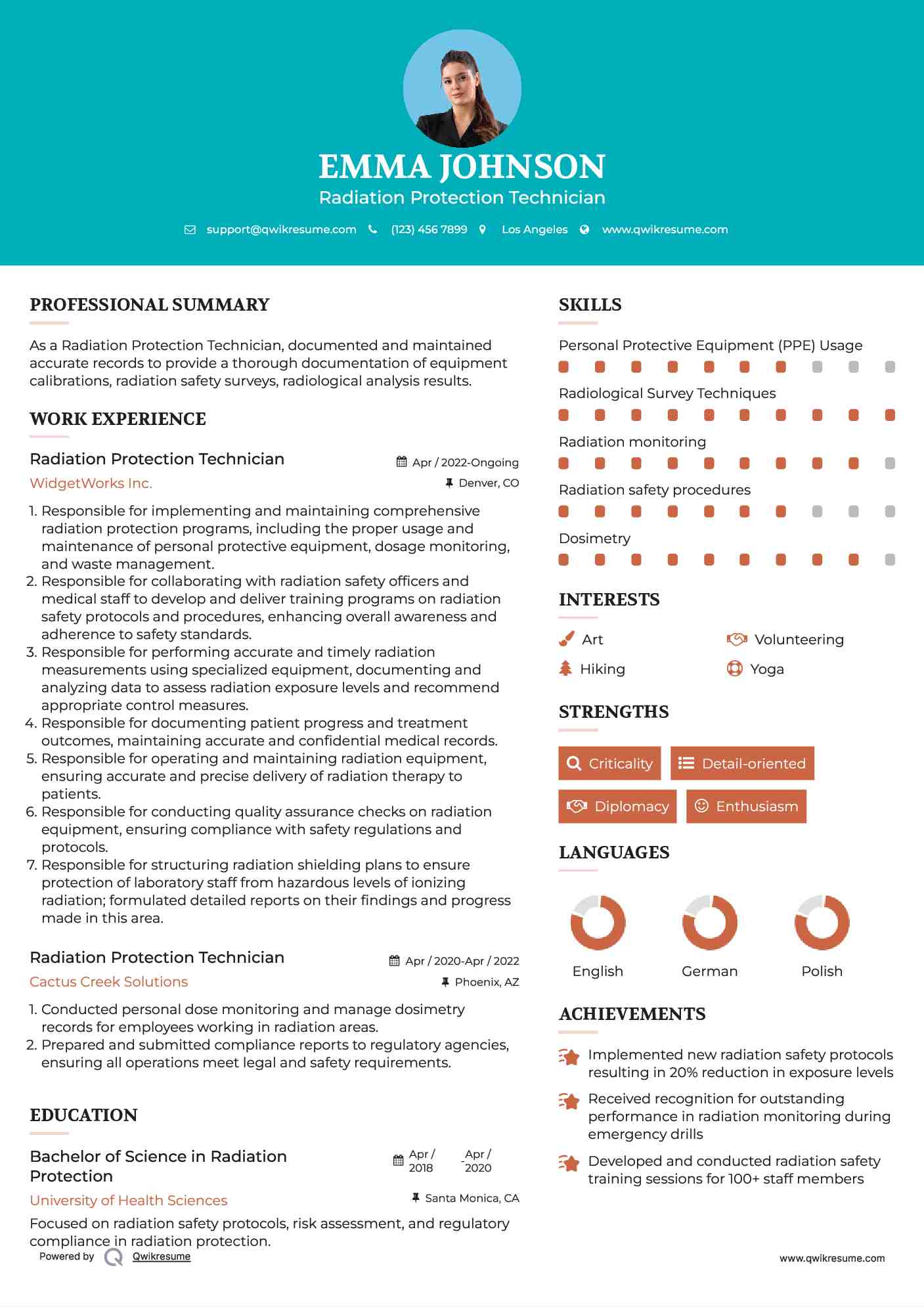 Radiation Protection Technician Resume Sample
