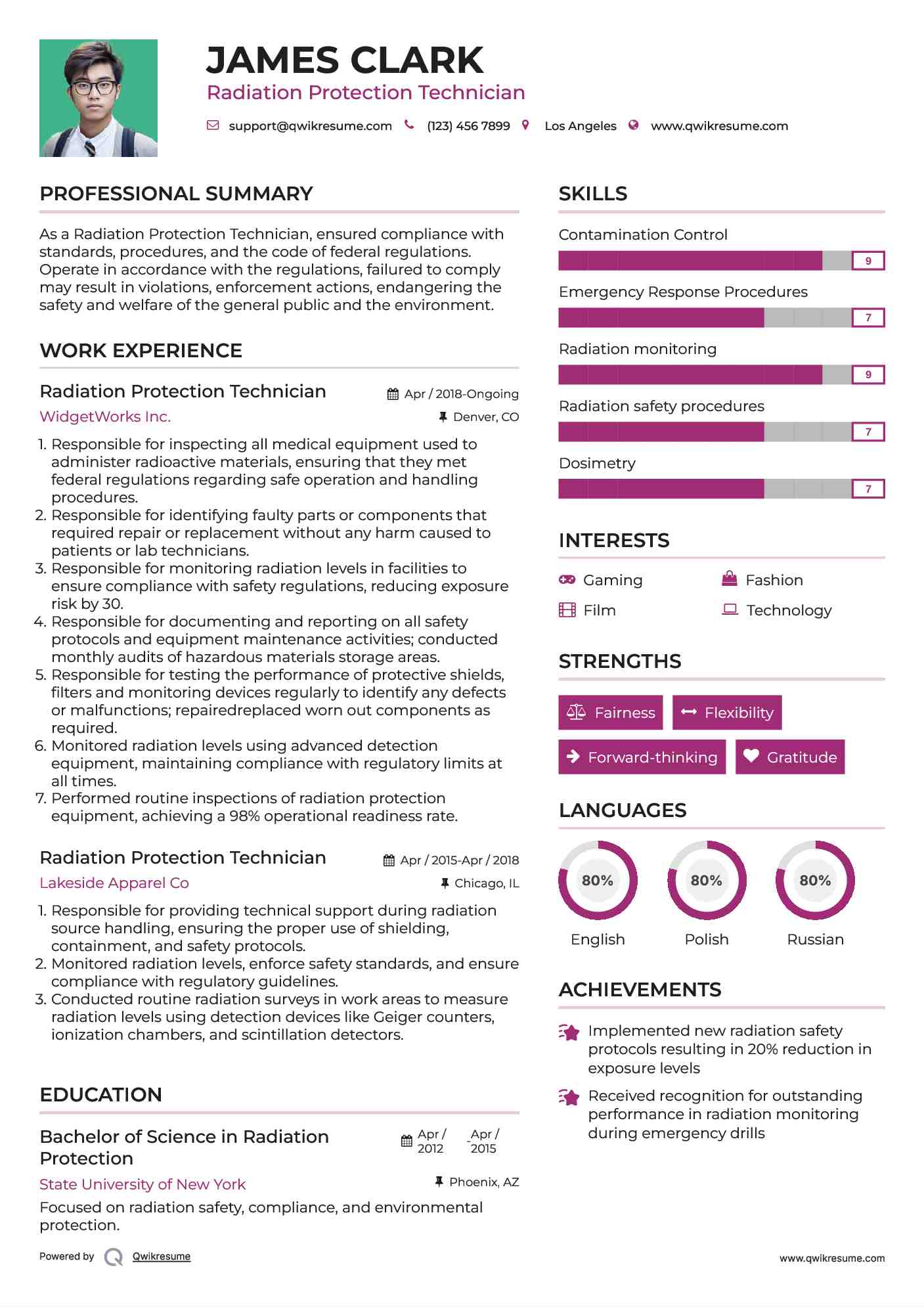 Radiation Protection Technician Resume Example
