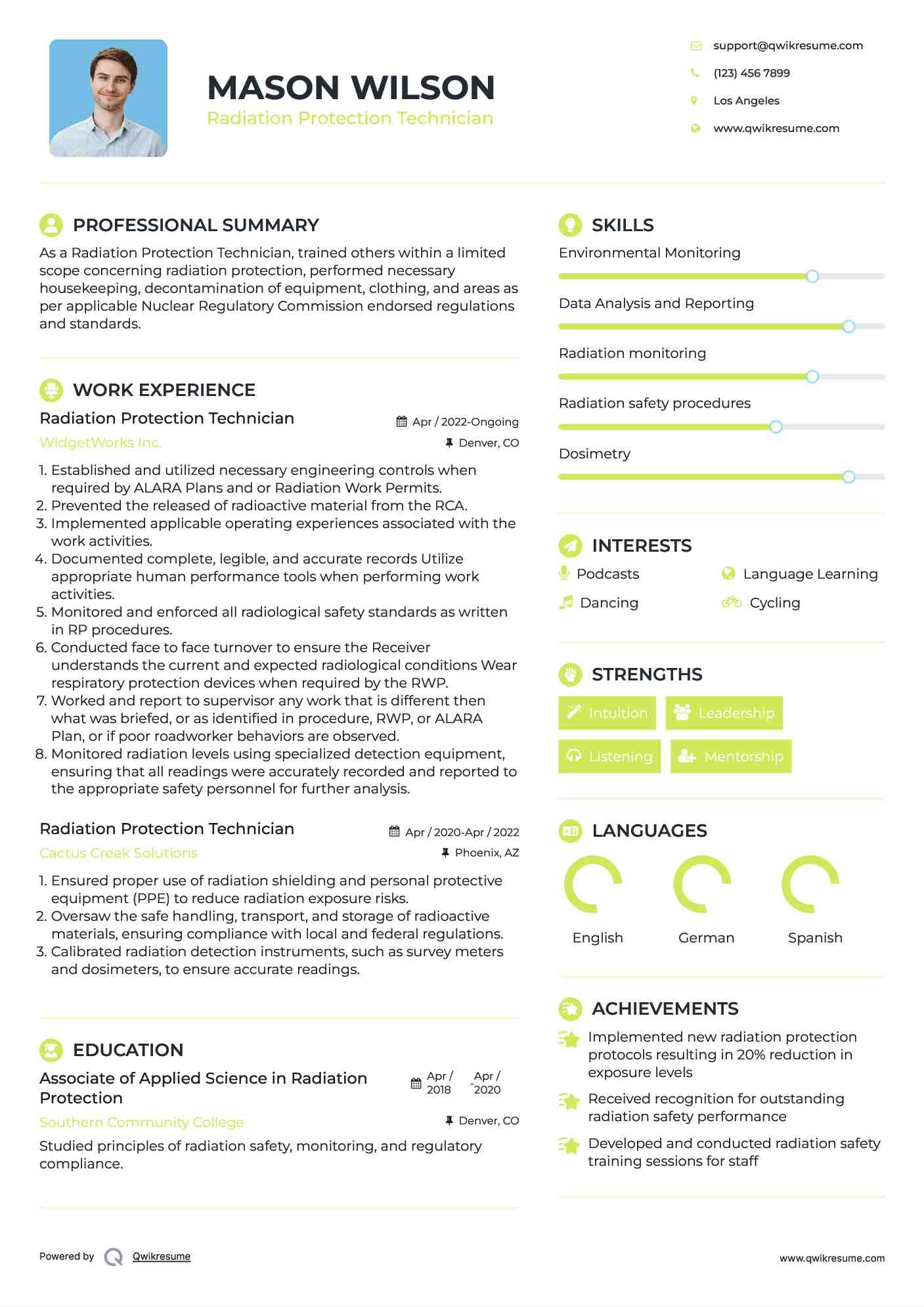 Radiation Protection Technician Resume Template