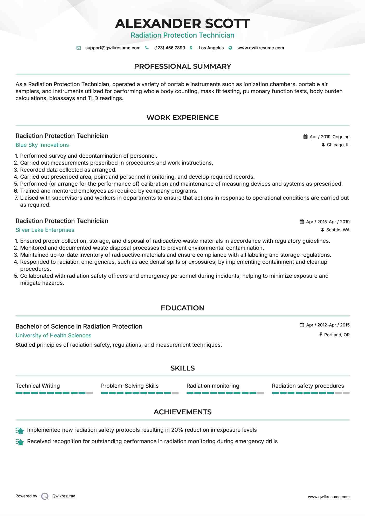 Radiation Protection Technician Resume Model
