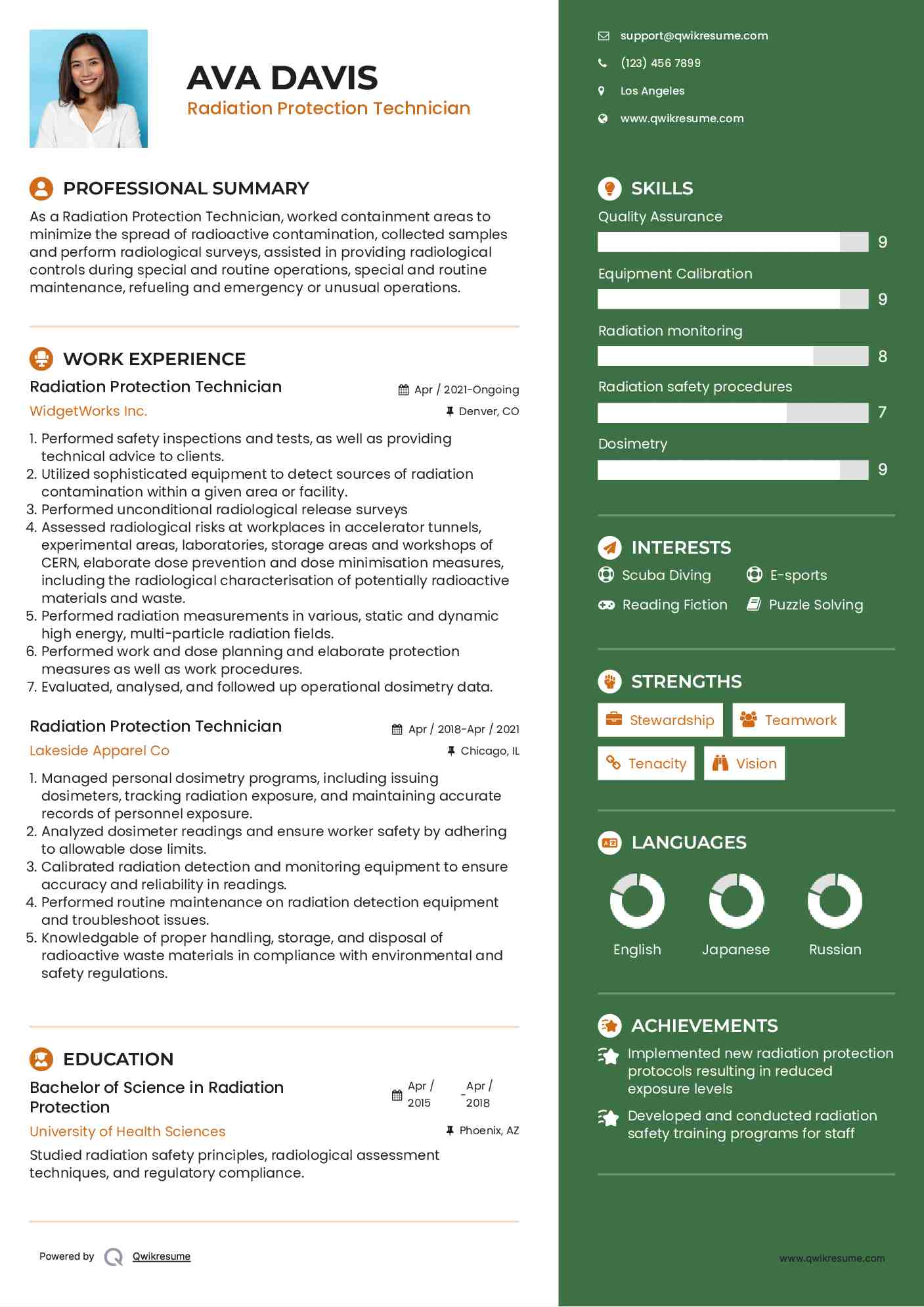 Radiation Protection Technician Resume Example