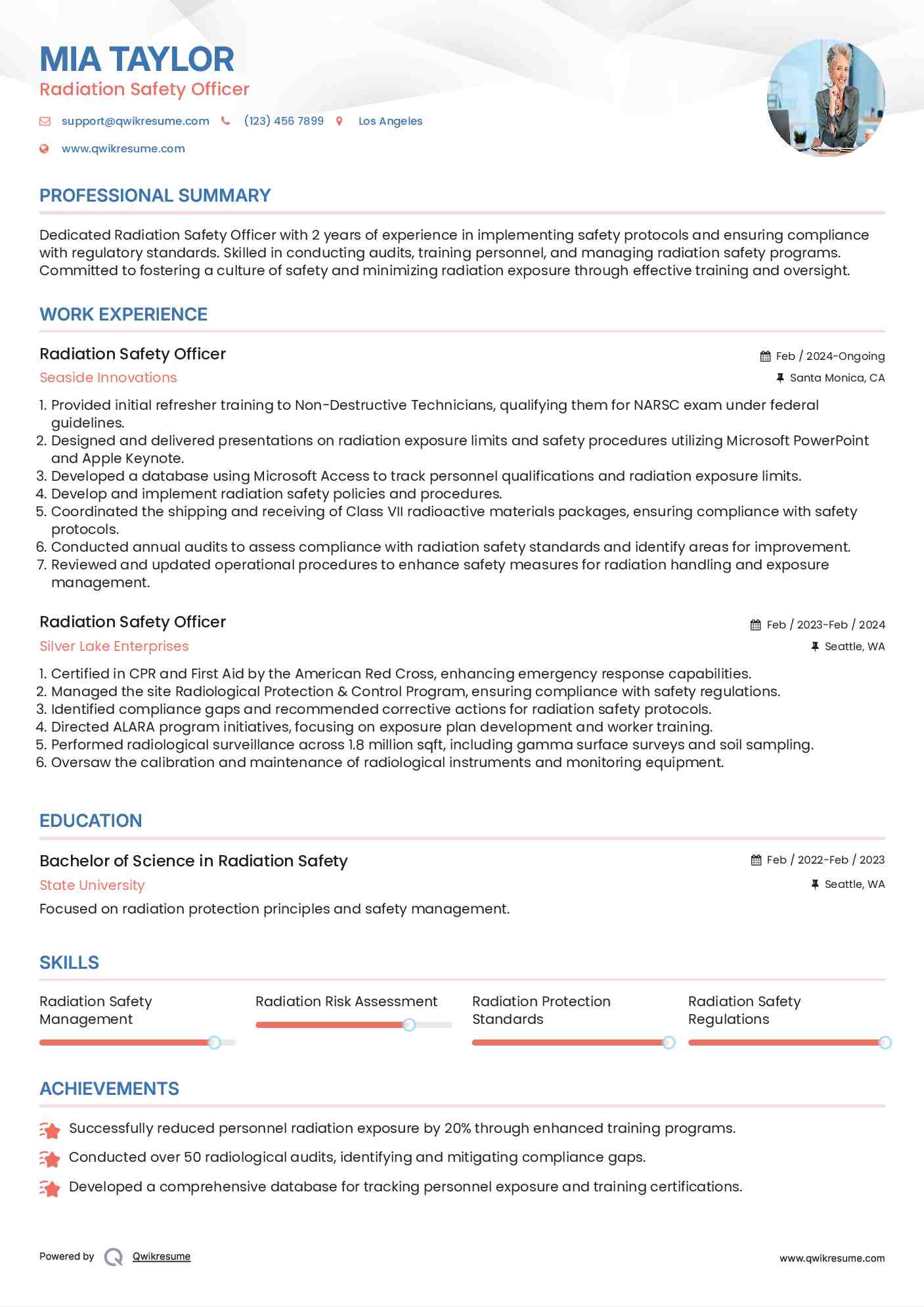 Radiation Safety Officer Resume Samples QwikResume