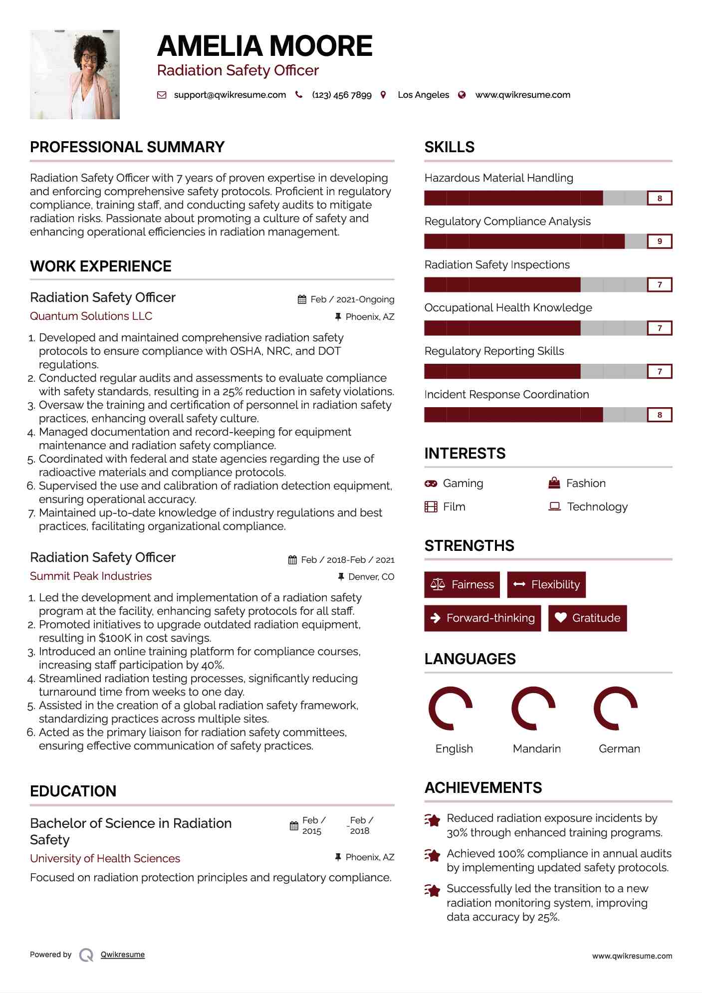 Radiation Safety Officer Resume Samples QwikResume
