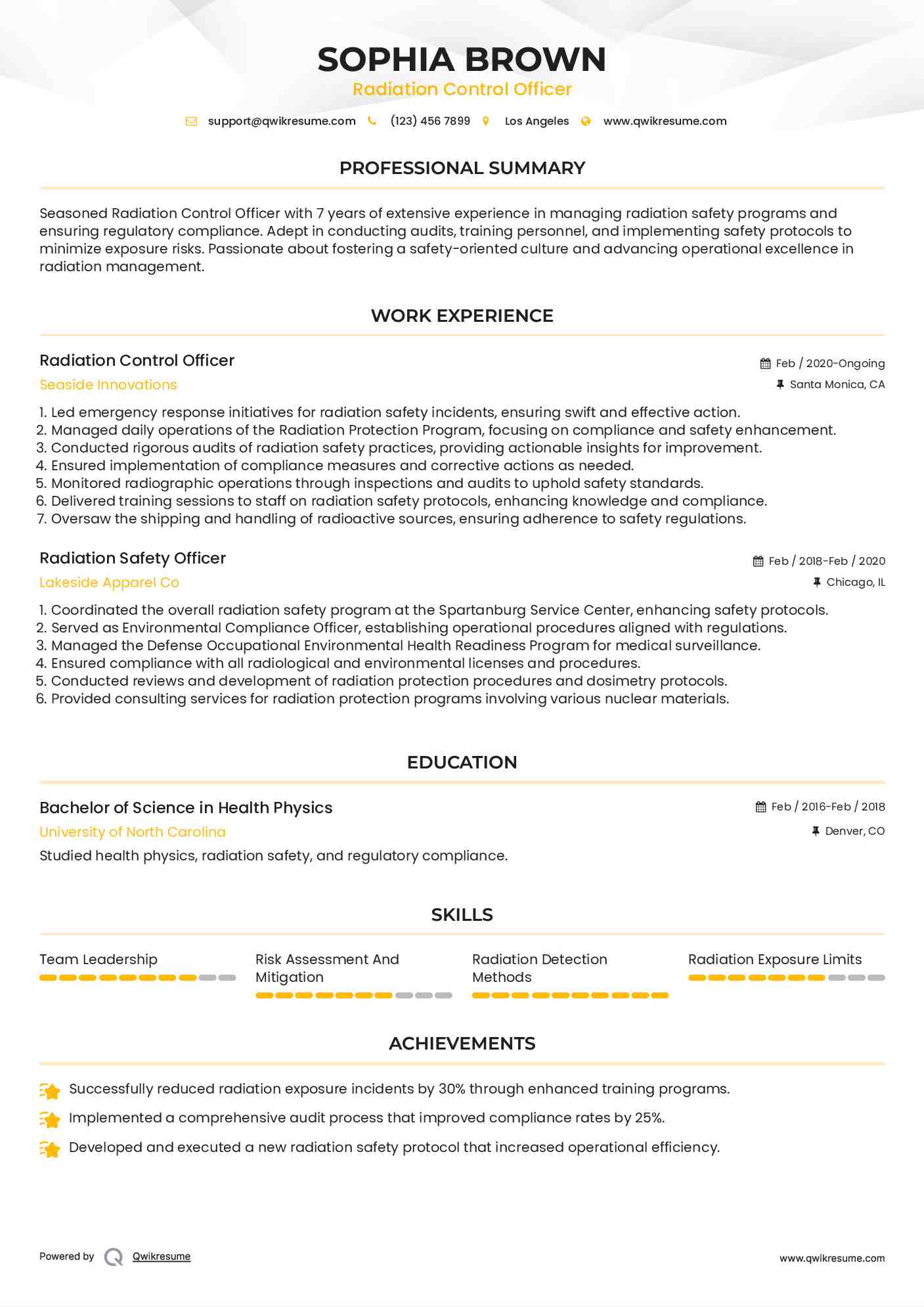 Radiation Control Officer Resume Example