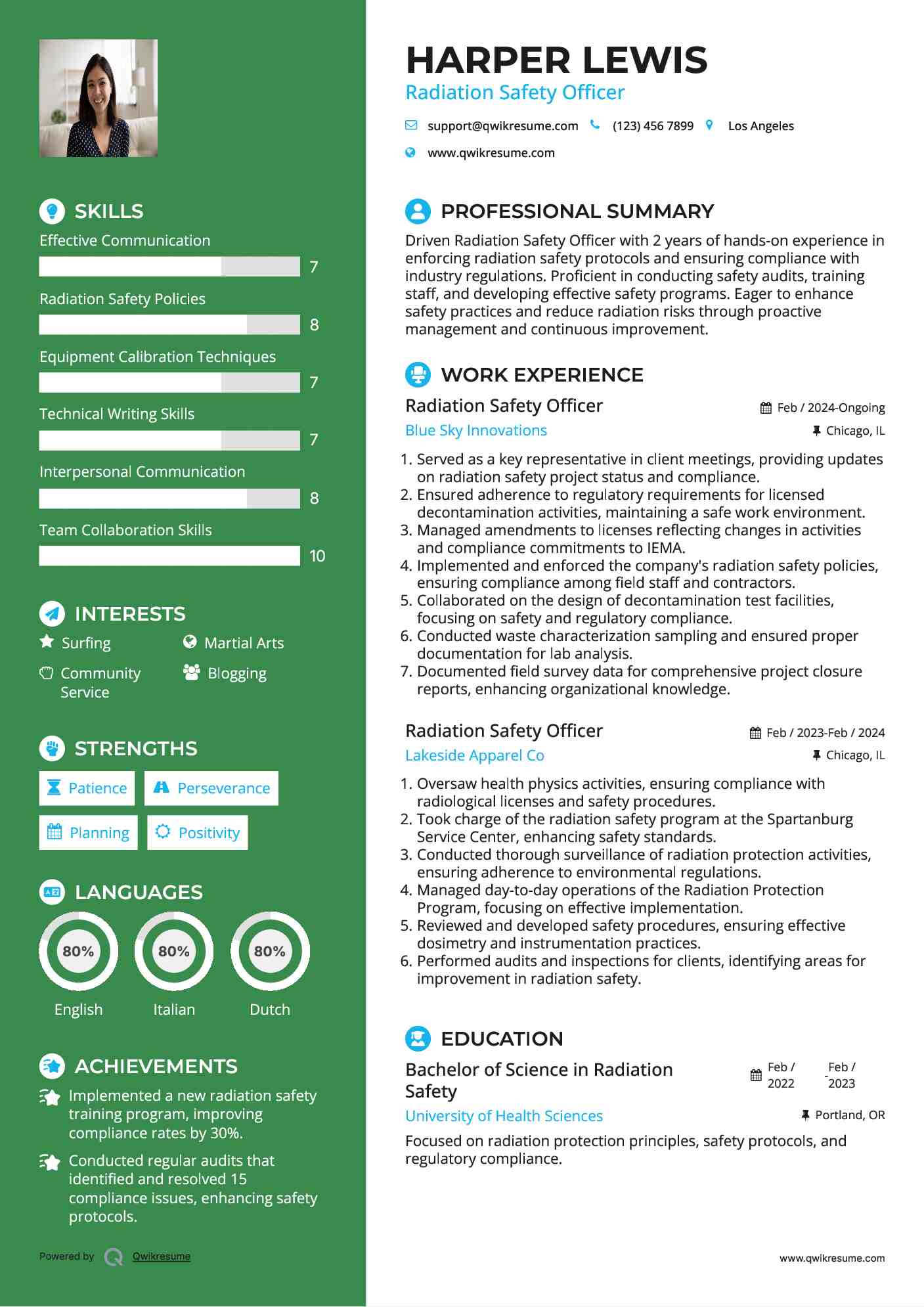 Radiation Safety Officer Resume Example