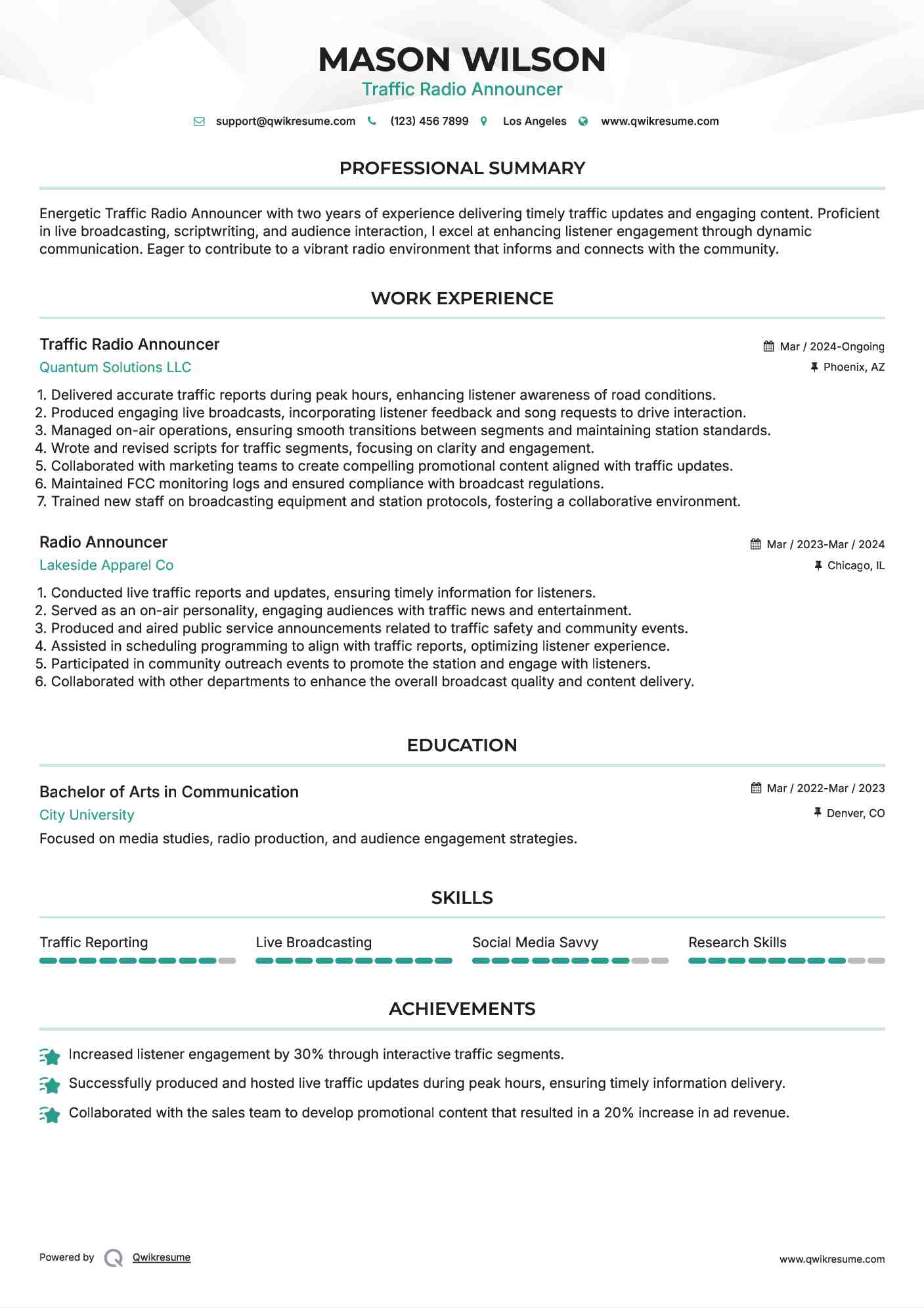 Traffic Radio Announcer Resume Template