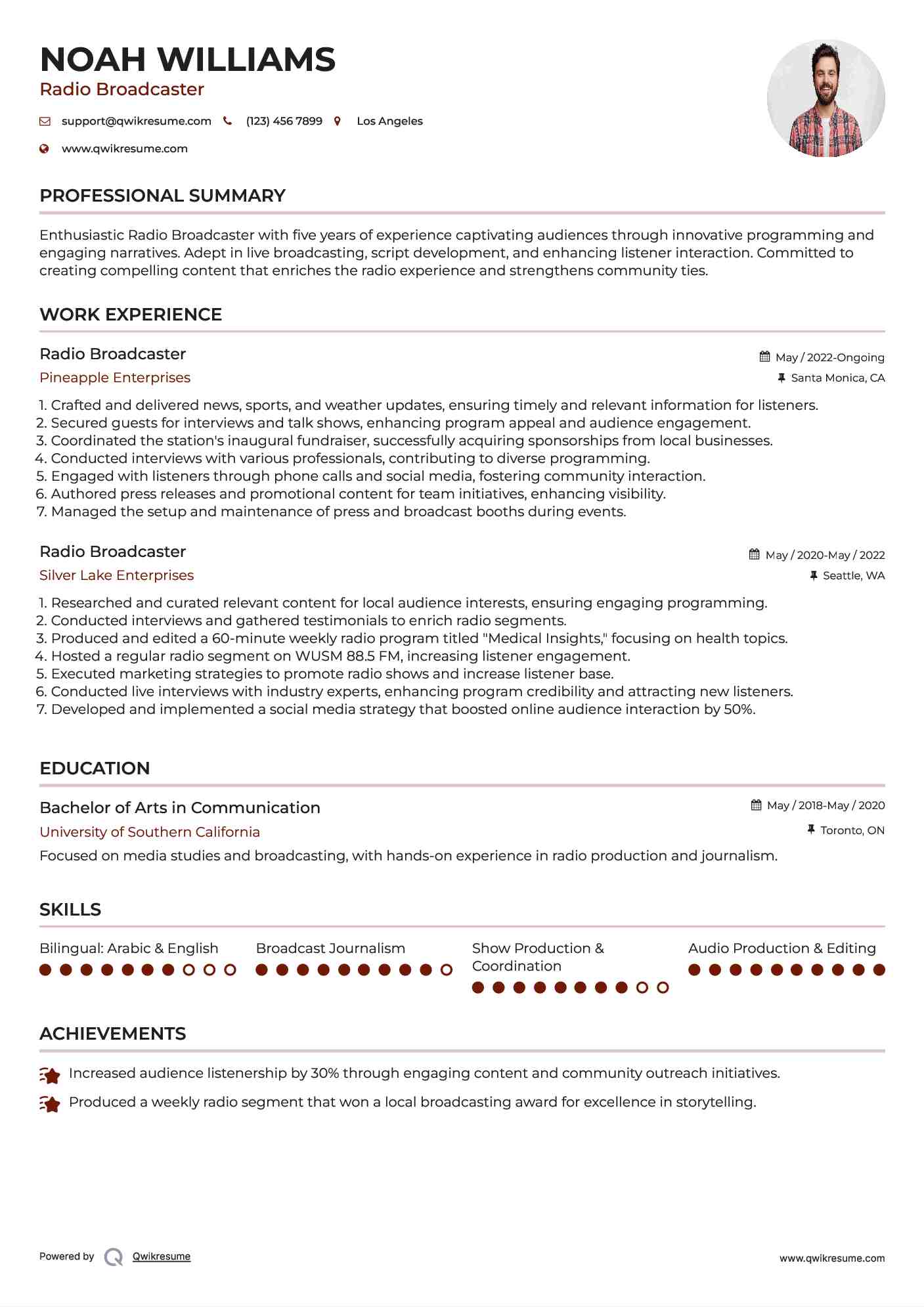 Radio Broadcaster Resume Sample