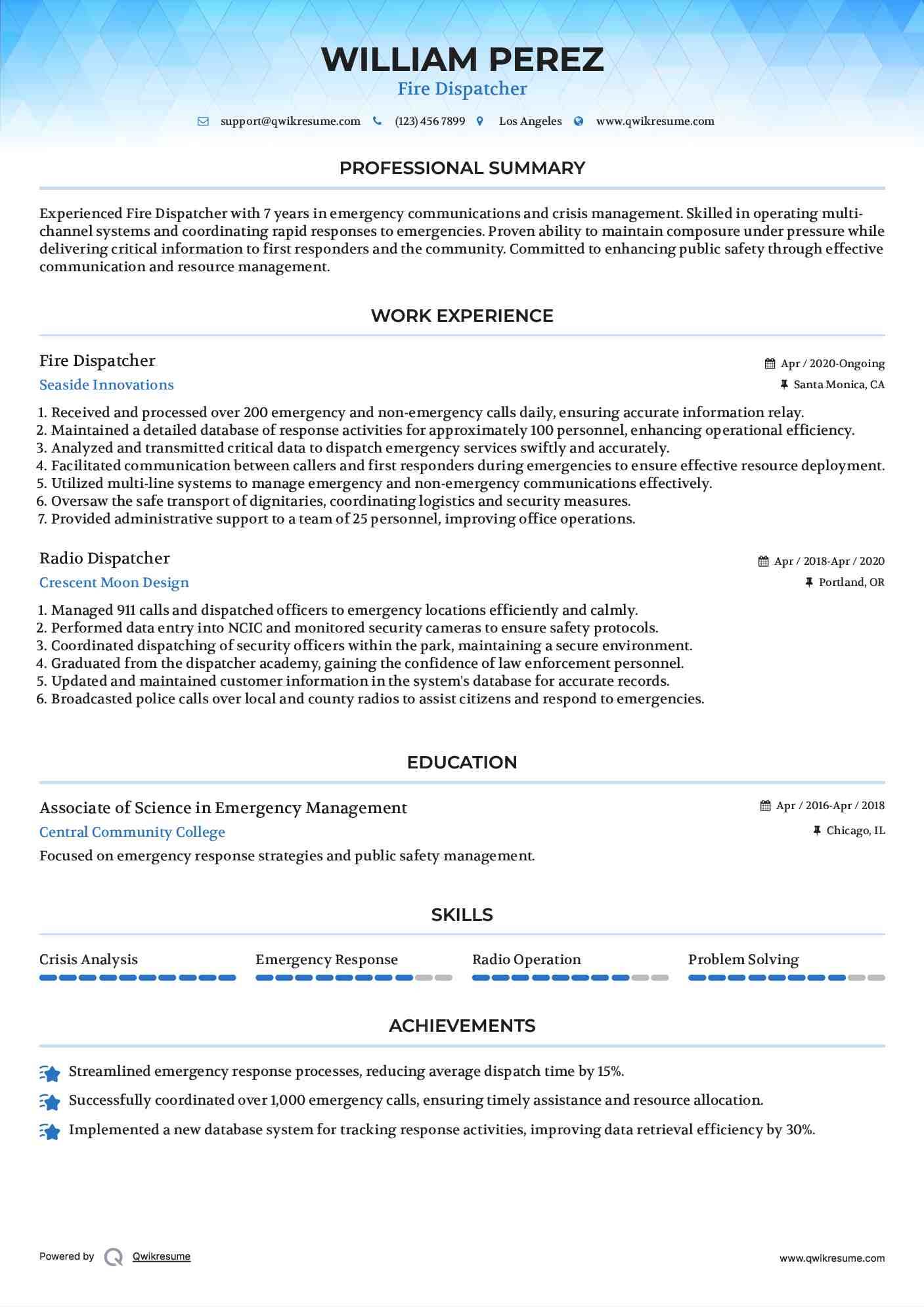 Fire Dispatcher Resume Model