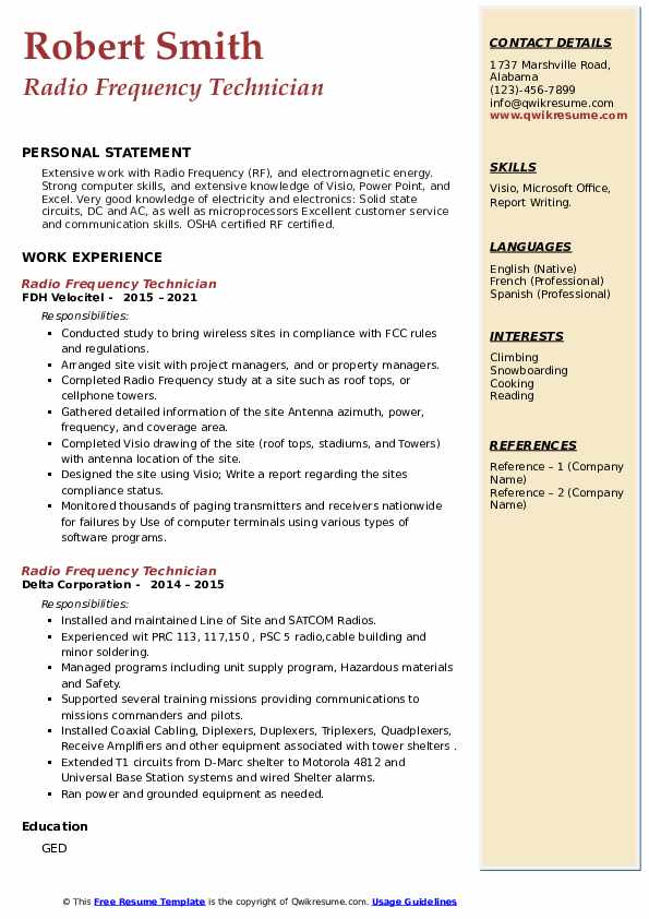 Radio Frequency Technician Resume Samples QwikResume