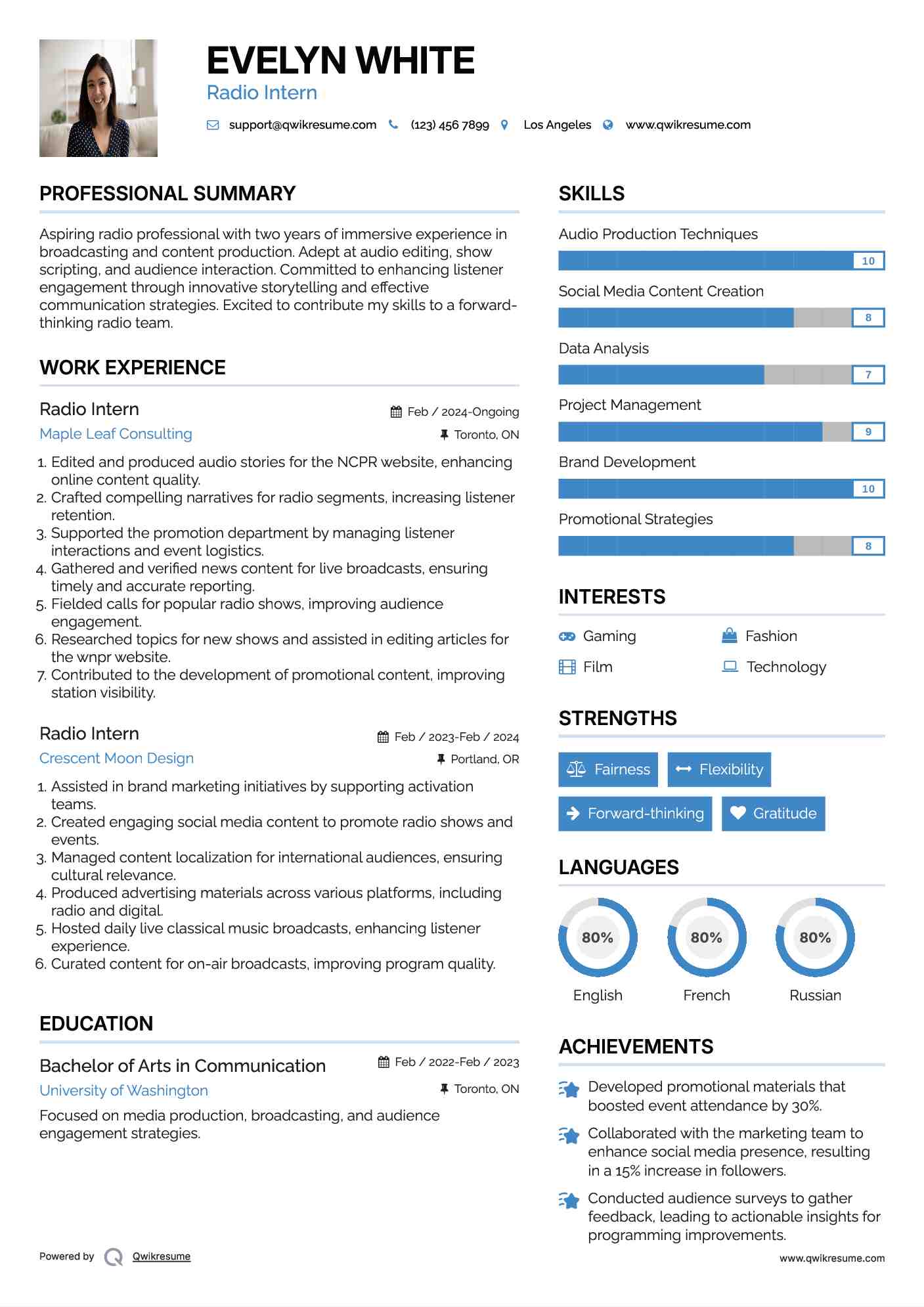 Radio Intern Resume Sample